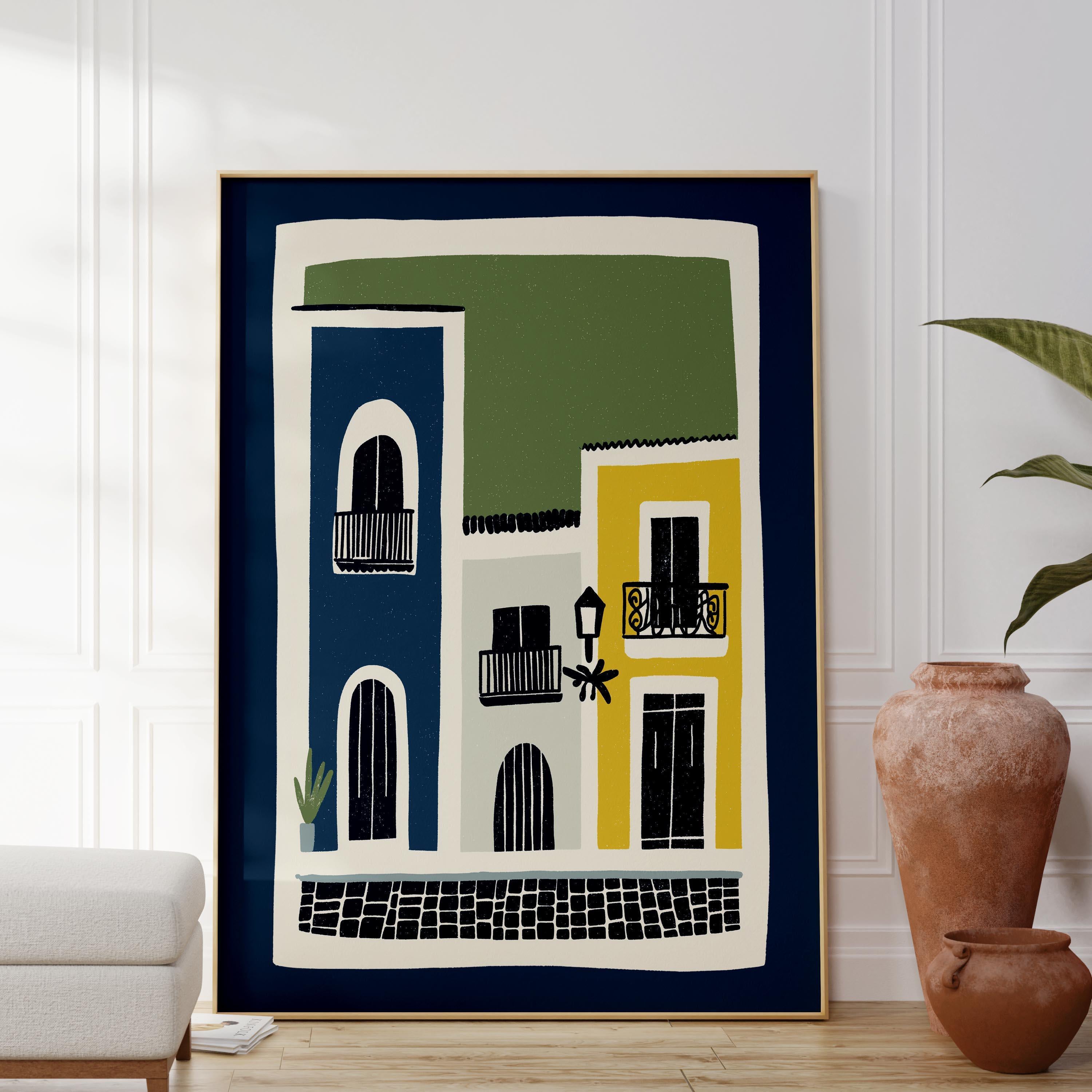 Old San Juan colonial street art print, Puerto Rico travel poster