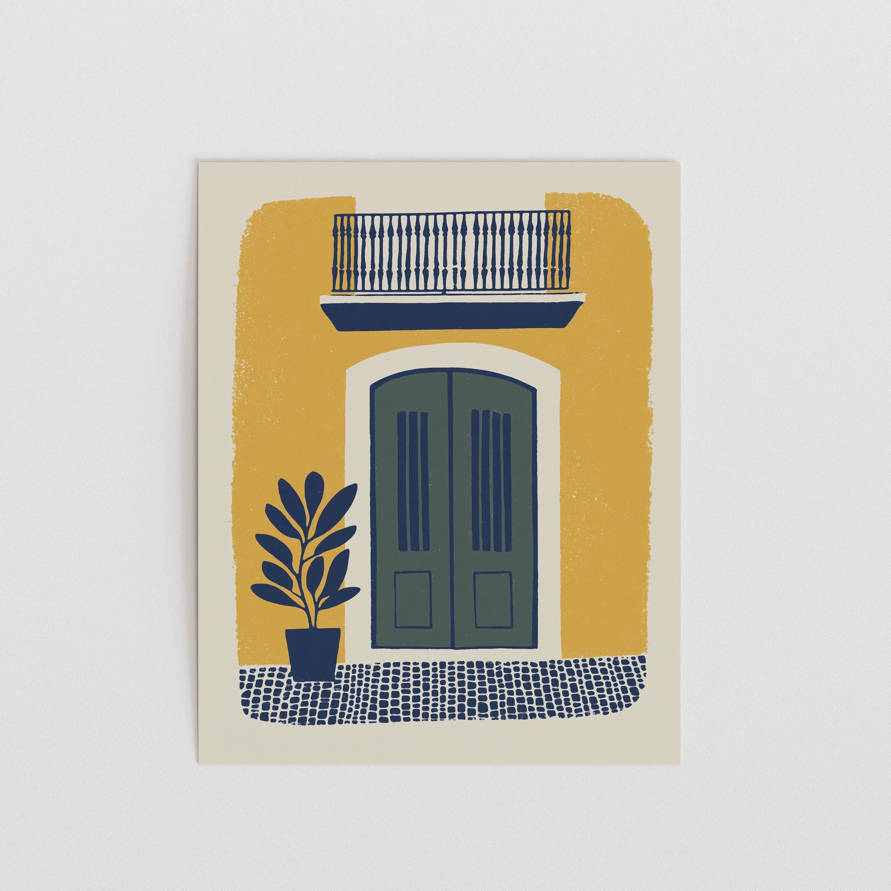 Old San Juan golden balcony art print with sage green doors, Puerto Rico