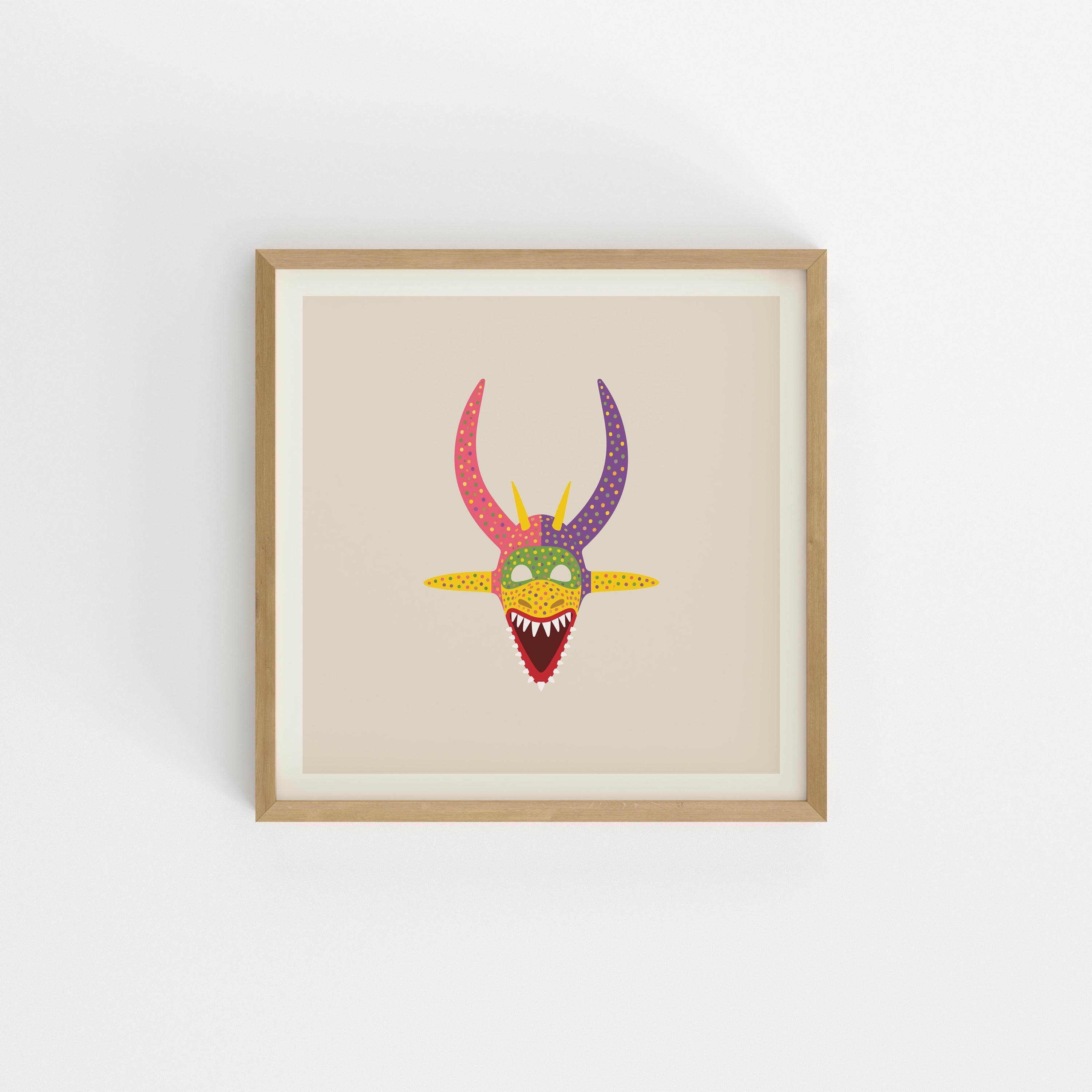 Pink and yellow vejigante mask art print, Puerto Rico carnival folk art