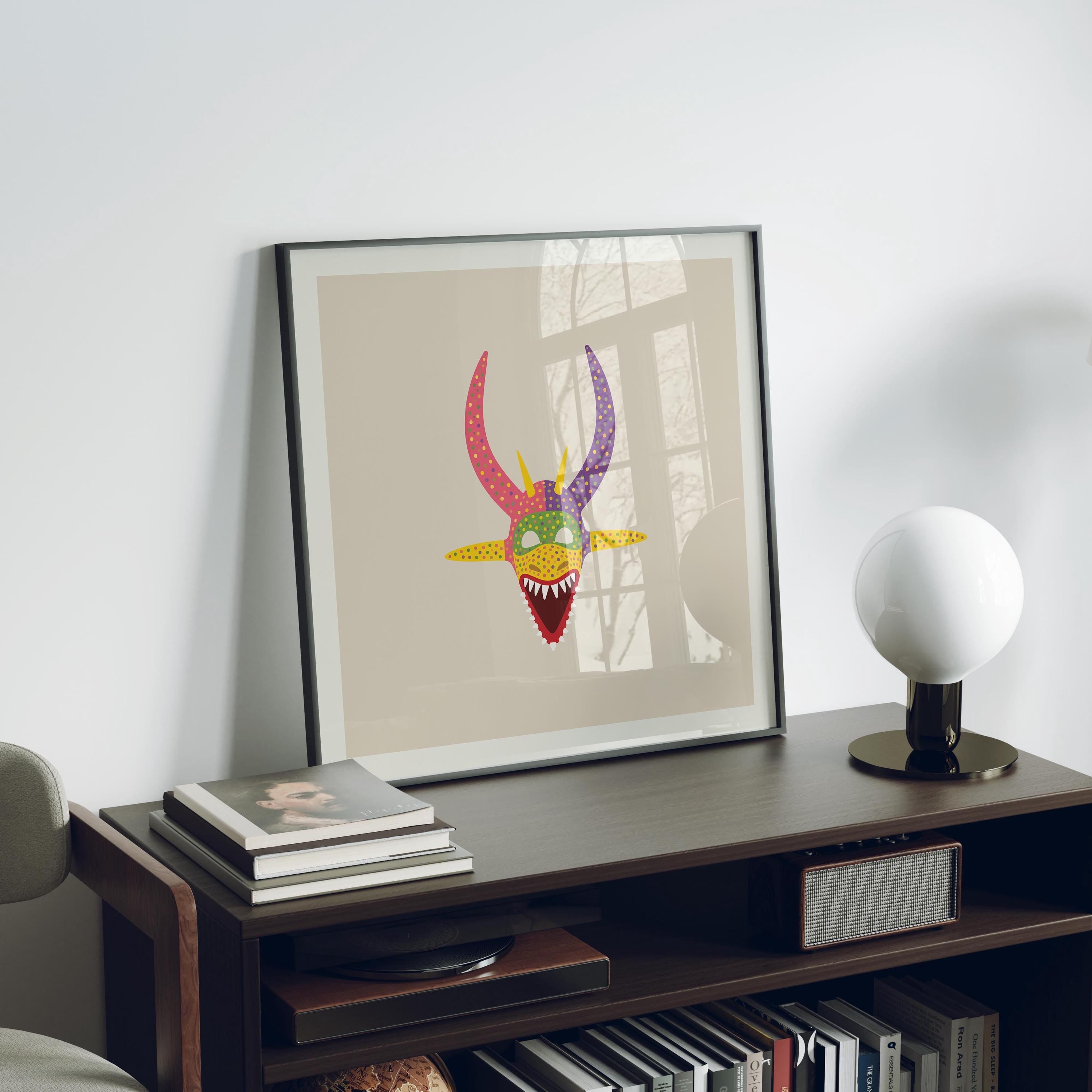 Pink and yellow vejigante mask art print, Puerto Rico carnival folk art