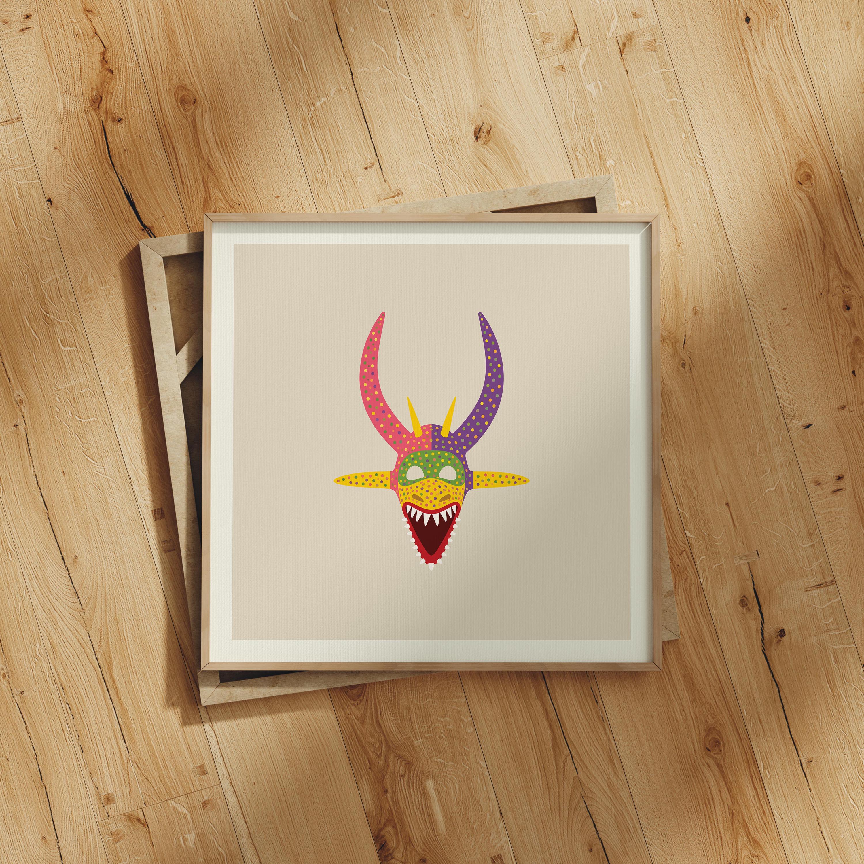 Pink and yellow vejigante mask art print, Puerto Rico carnival folk art