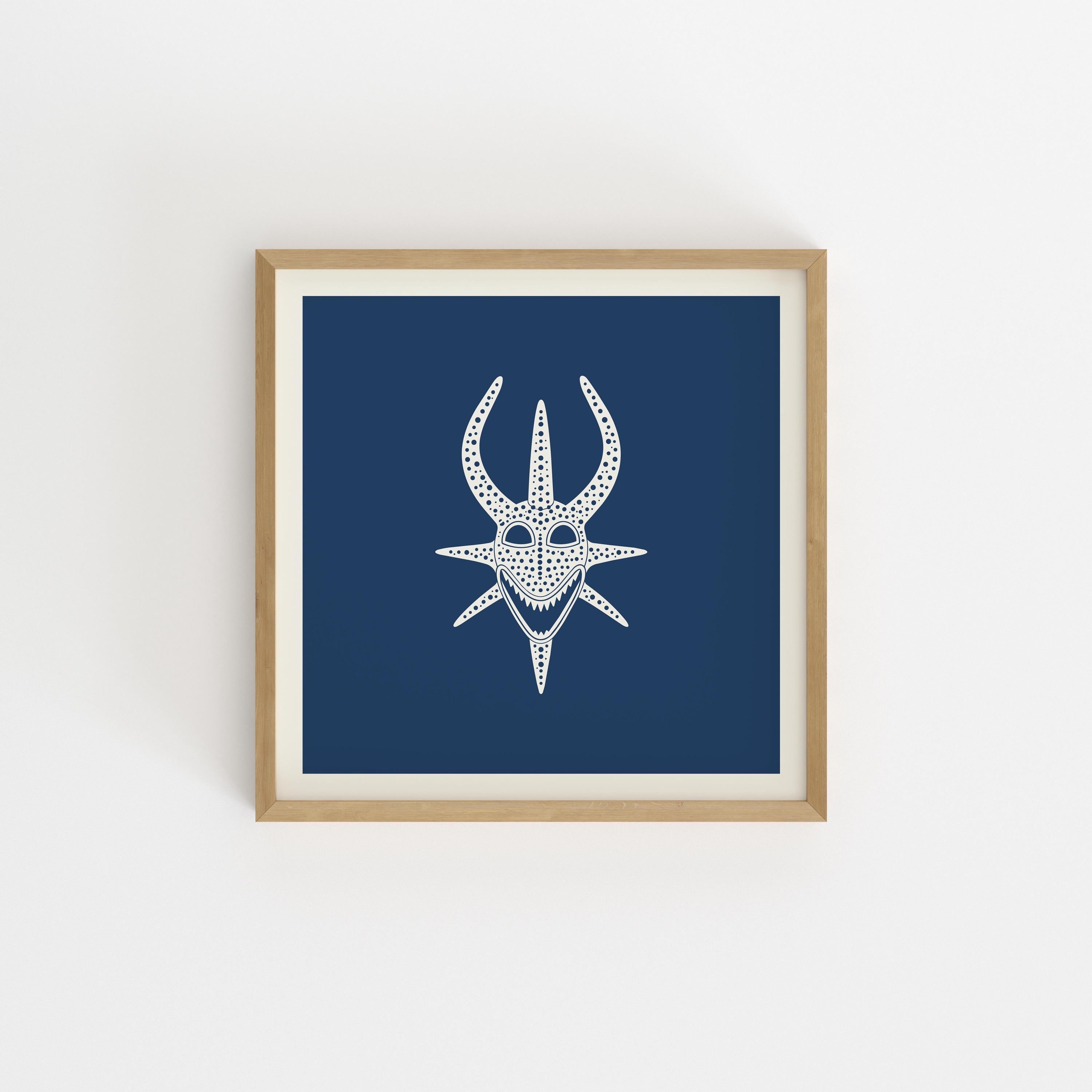 Smiling vejigante mask line art print in cream on navy, Puerto Rico