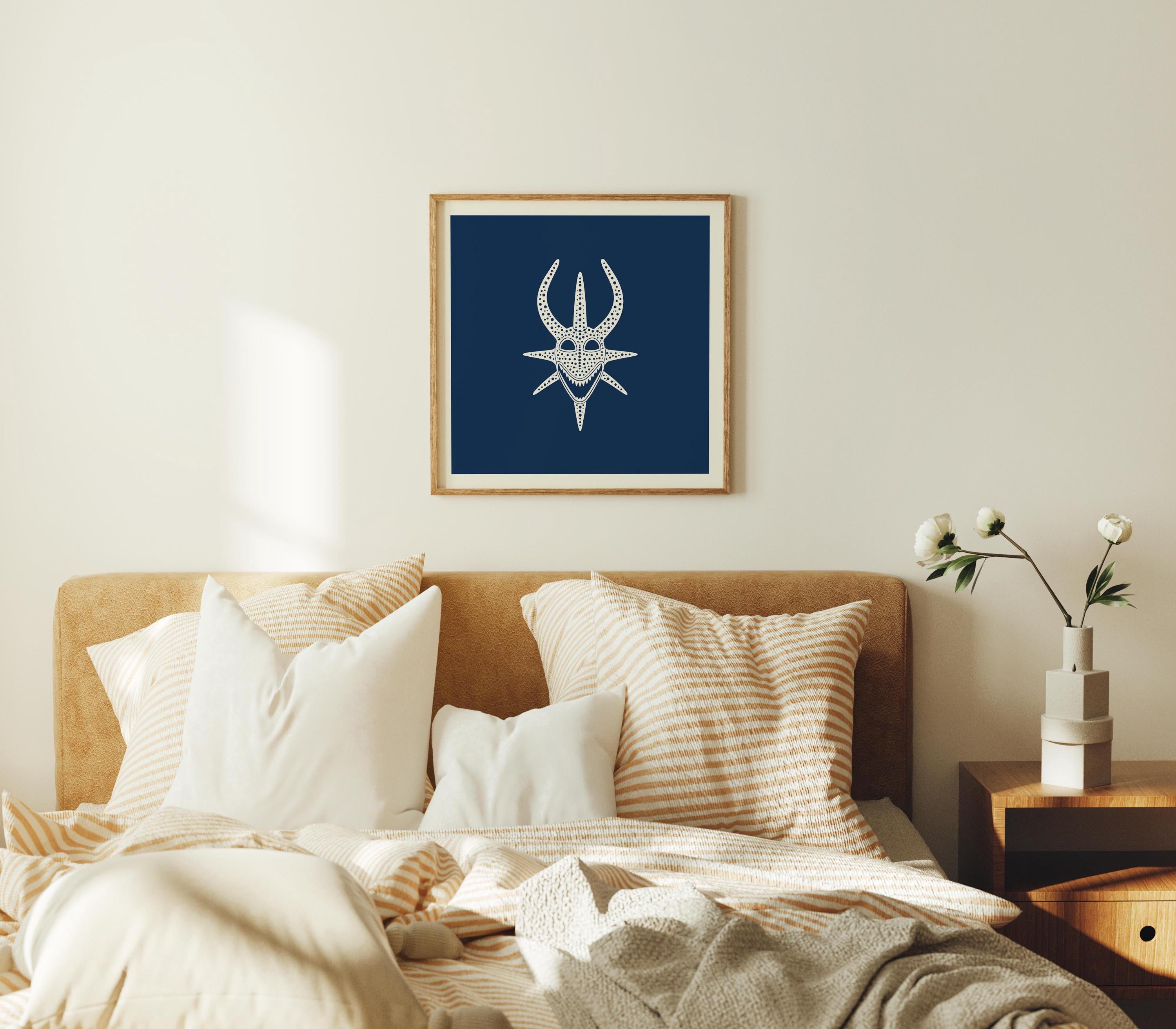 Smiling vejigante mask line art print in cream on navy, Puerto Rico