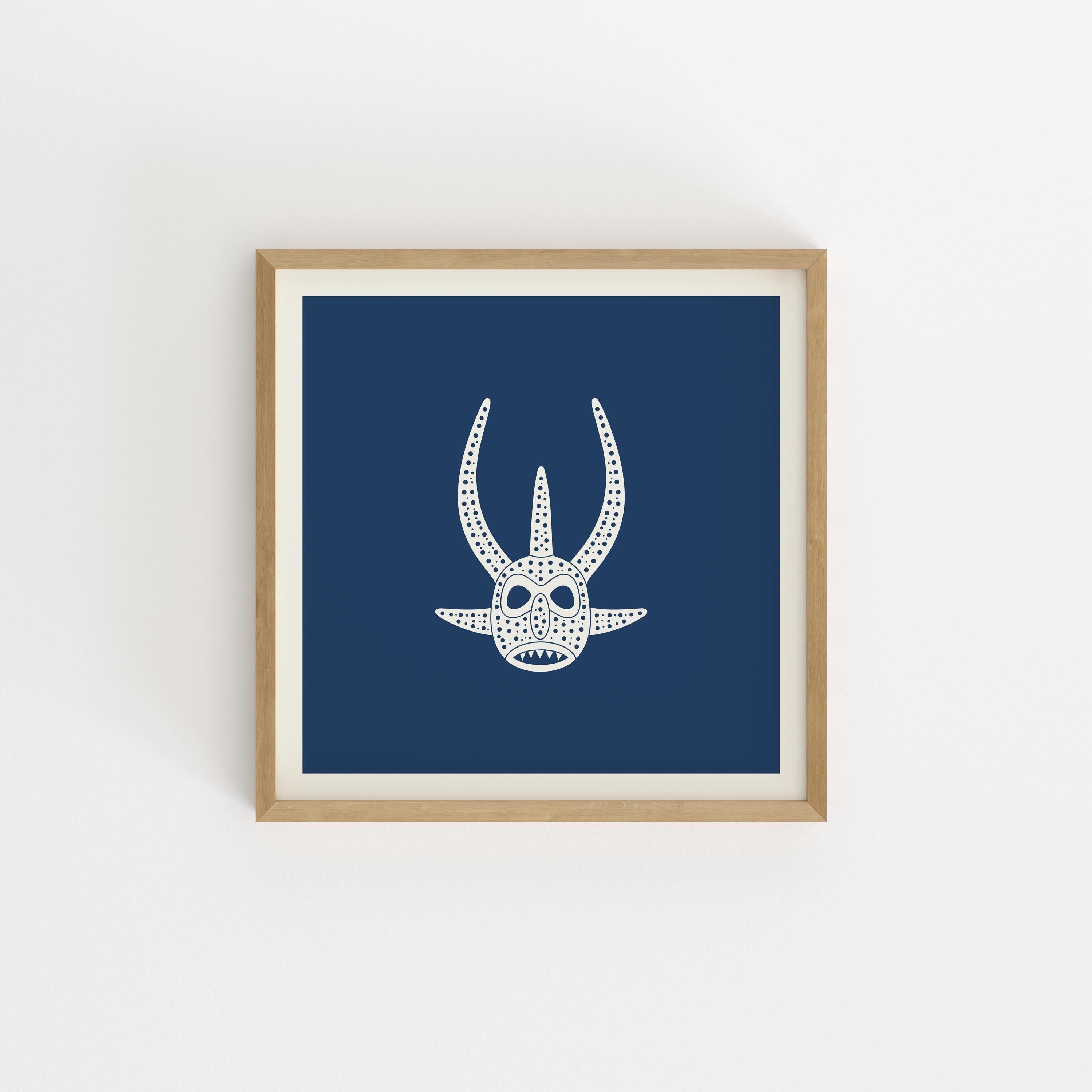 Paired horn vejigante mask line art print in cream on navy, Puerto Rico