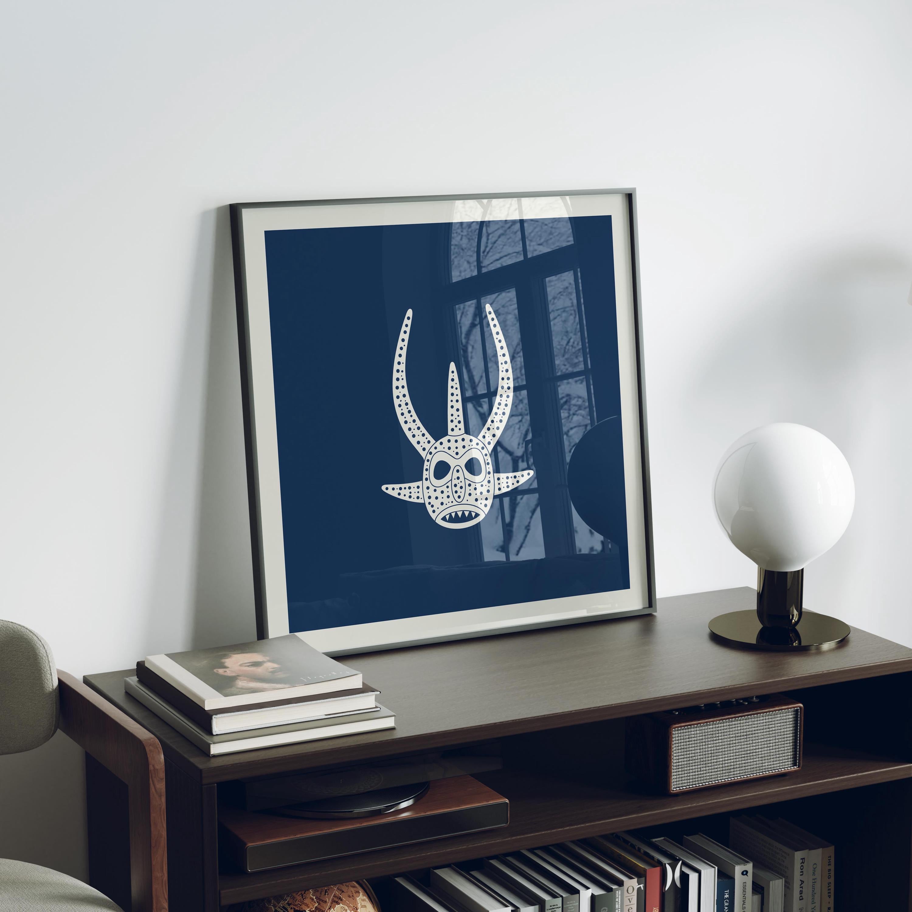 Paired horn vejigante mask line art print in cream on navy, Puerto Rico