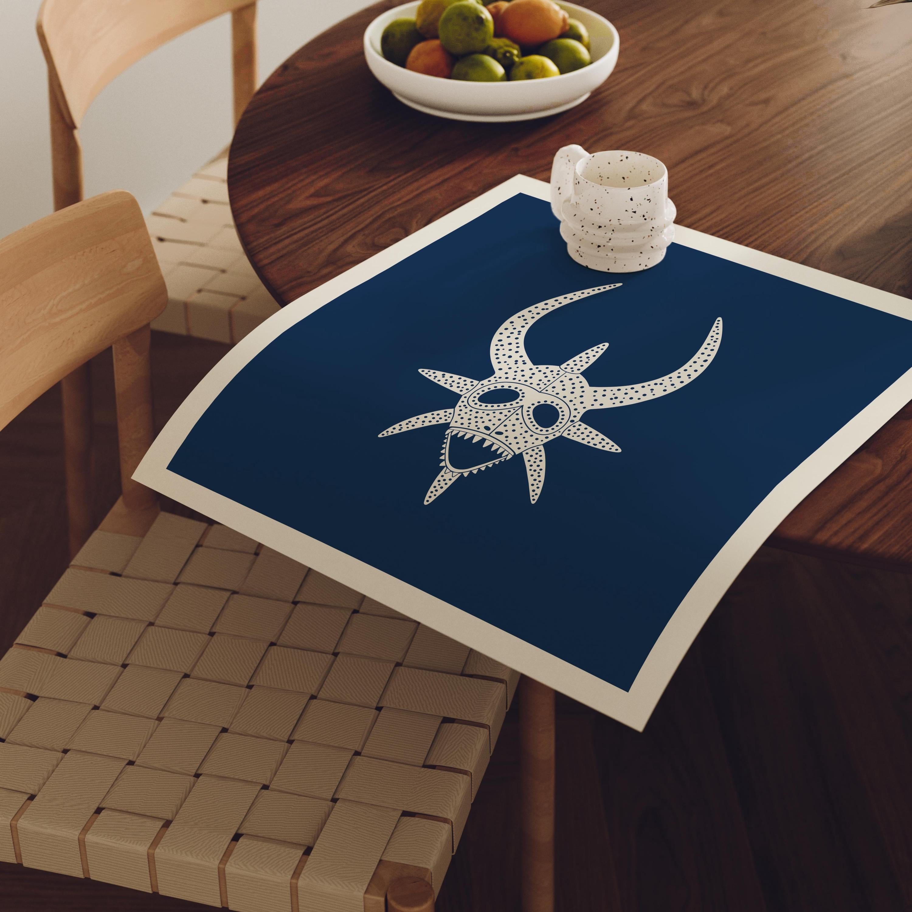 Star vejigante mask line art print in cream on navy, Puerto Rico