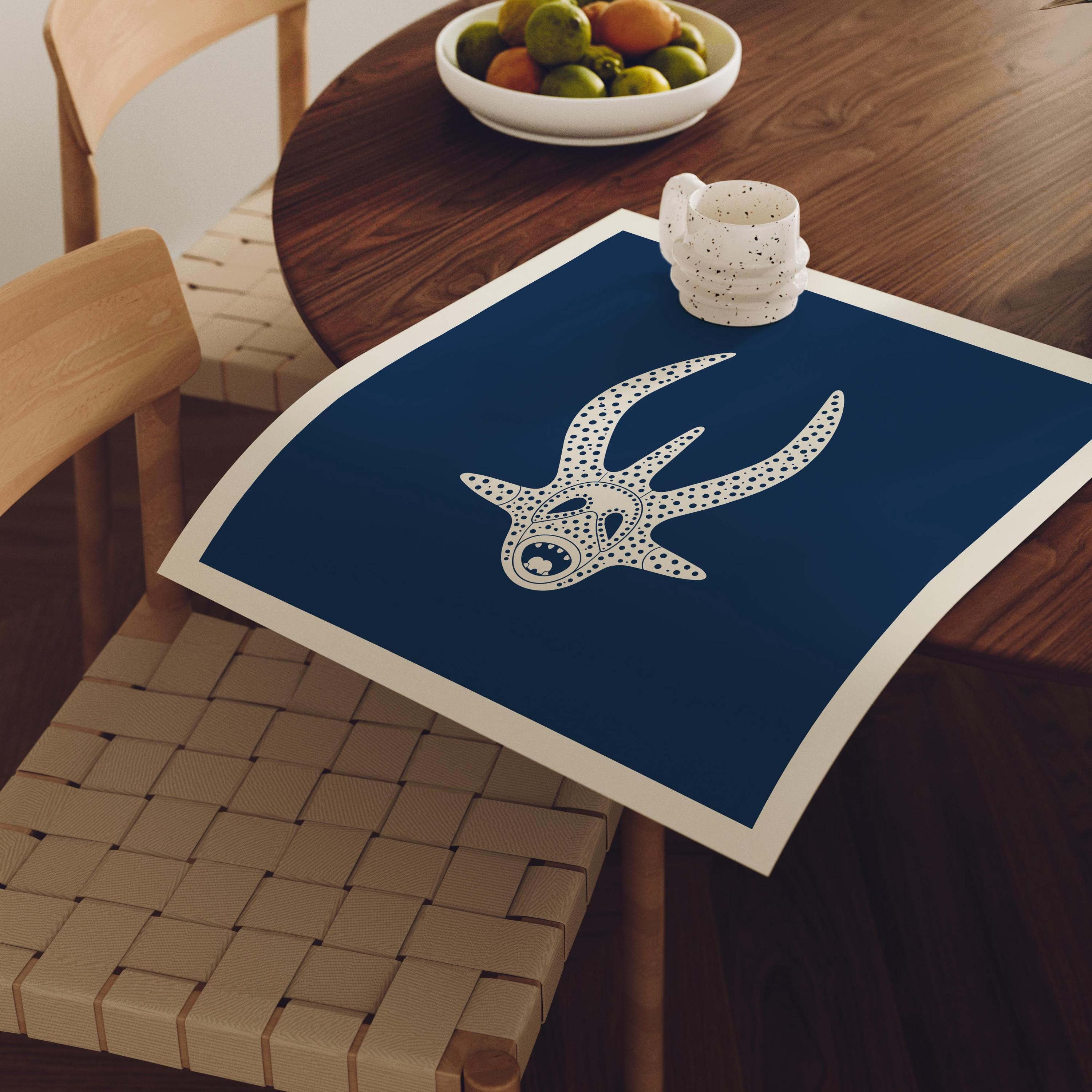 Minimalist vejigante mask line art print in cream on navy, Puerto Rico