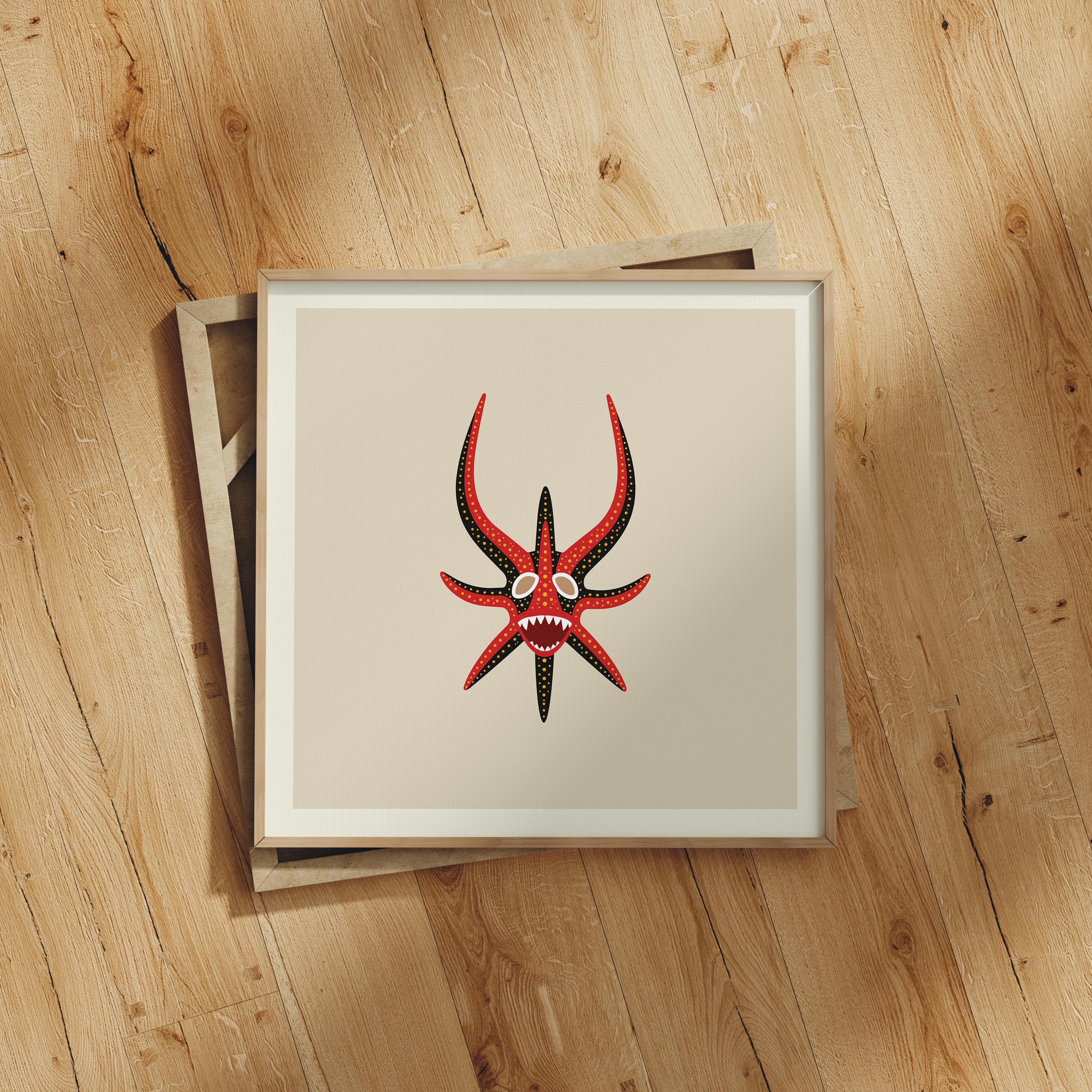 Red and black vejigante mask art print, Puerto Rico carnival folk art
