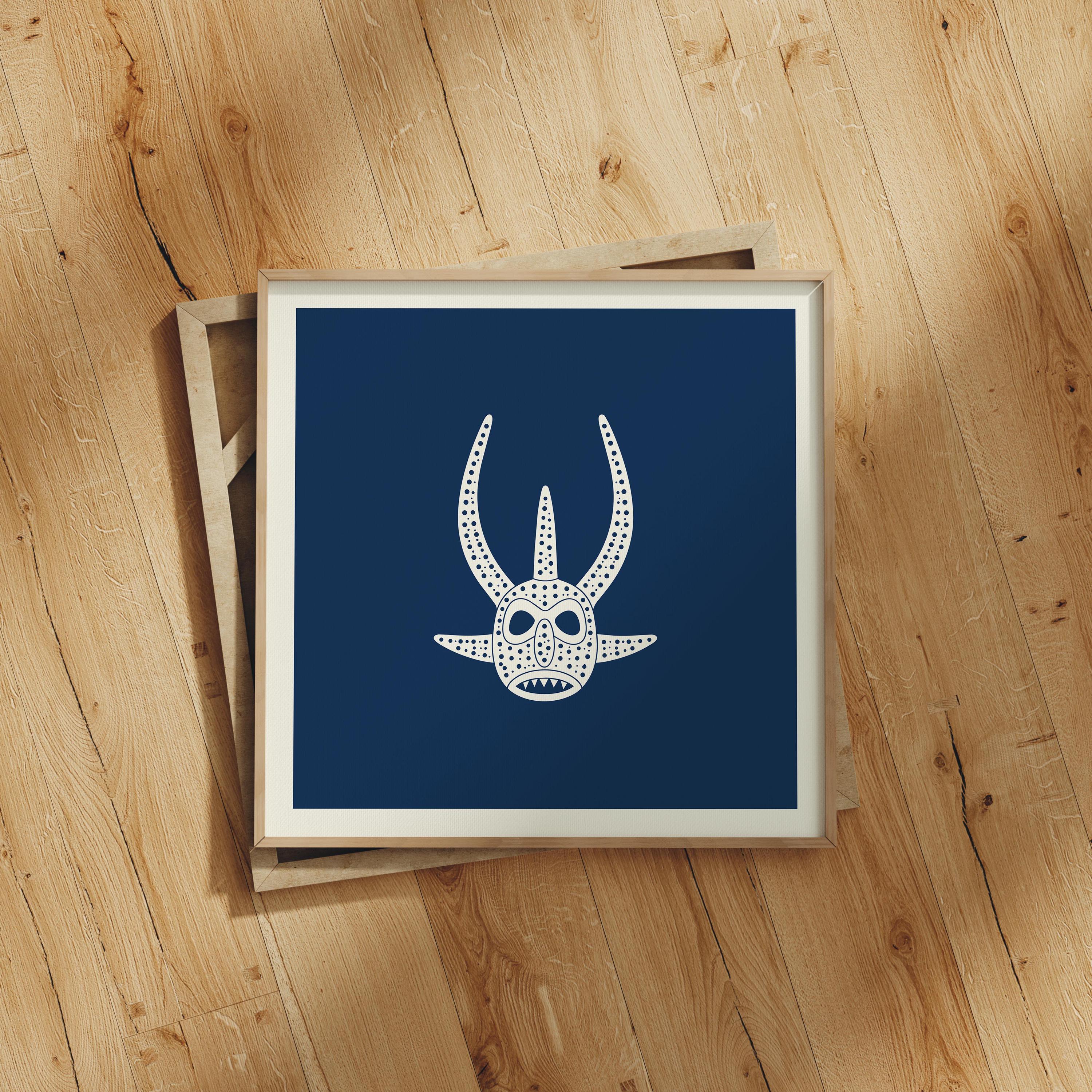 Paired horn vejigante mask line art print in cream on navy, Puerto Rico