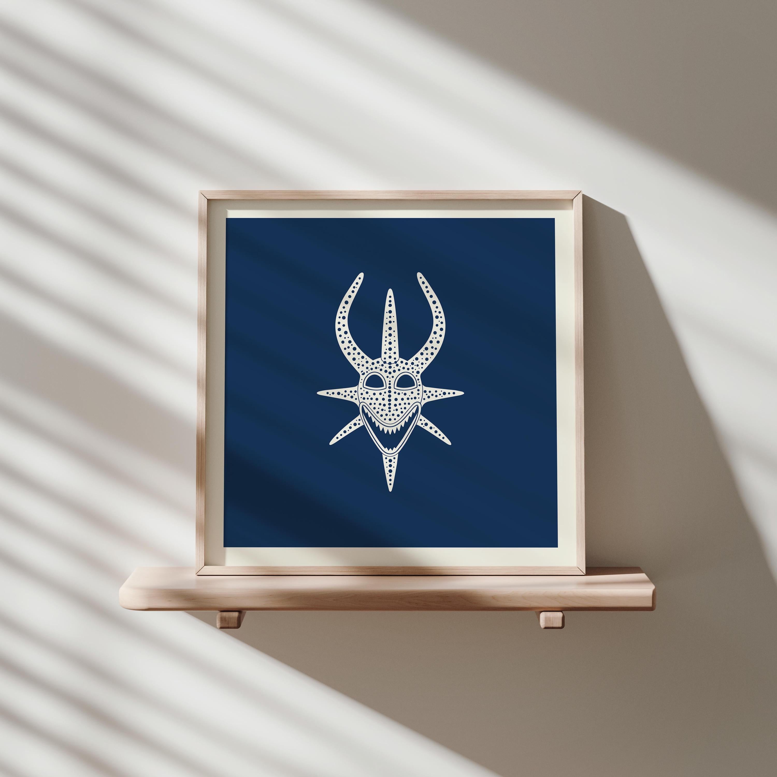 Smiling vejigante mask line art print in cream on navy, Puerto Rico