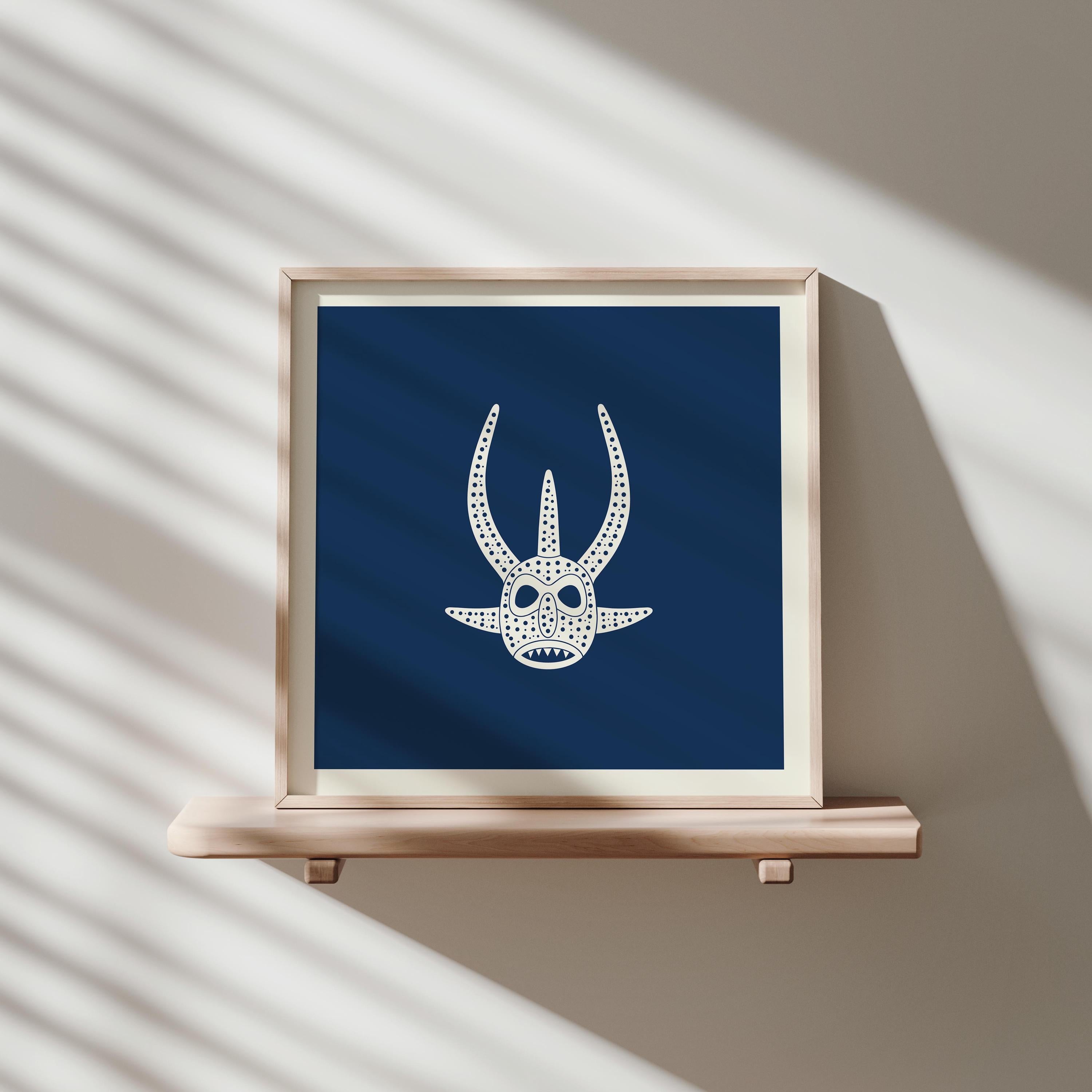 Paired horn vejigante mask line art print in cream on navy, Puerto Rico