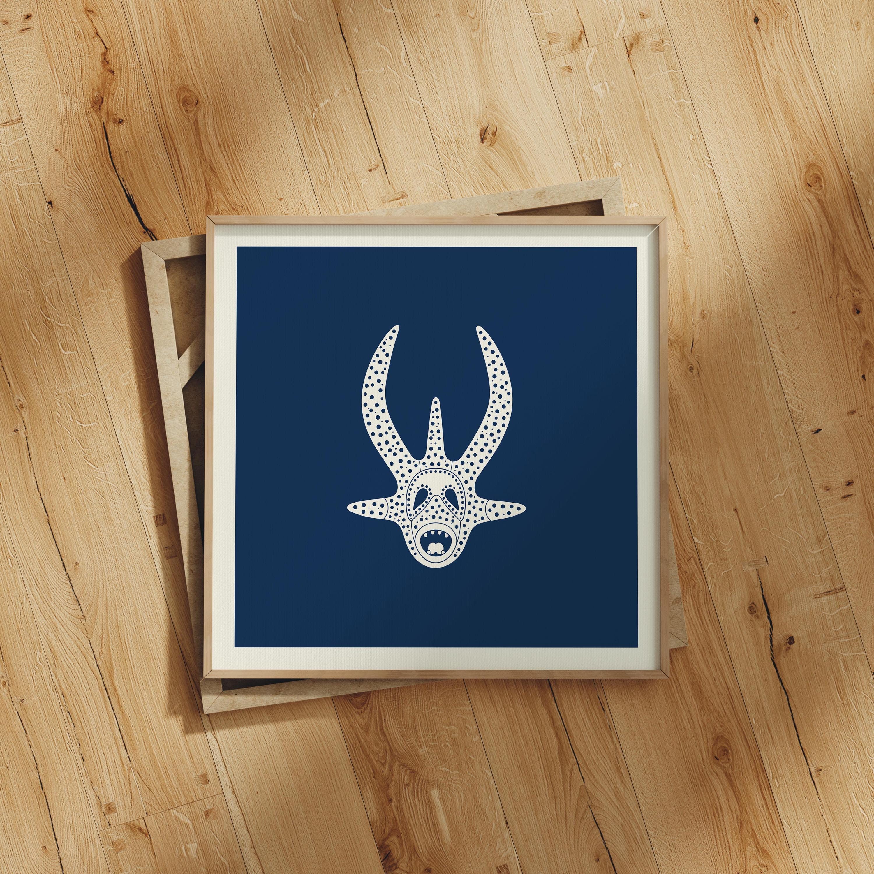 Minimalist vejigante mask line art print in cream on navy, Puerto Rico