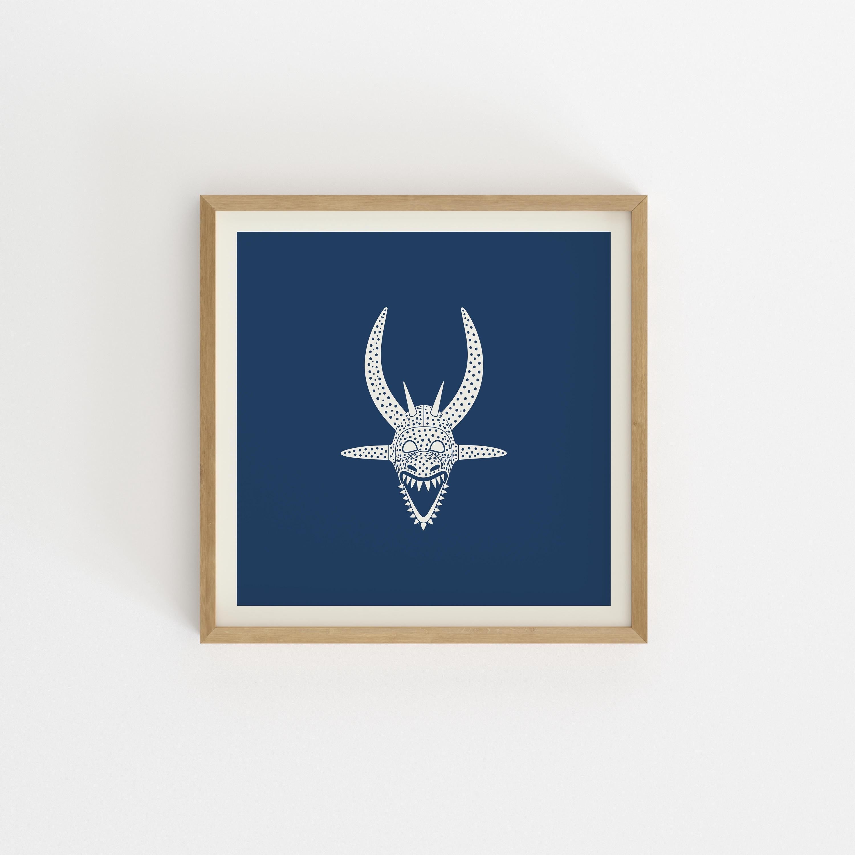 Indigo vejigante mask line art print in cream on navy, Puerto Rico
