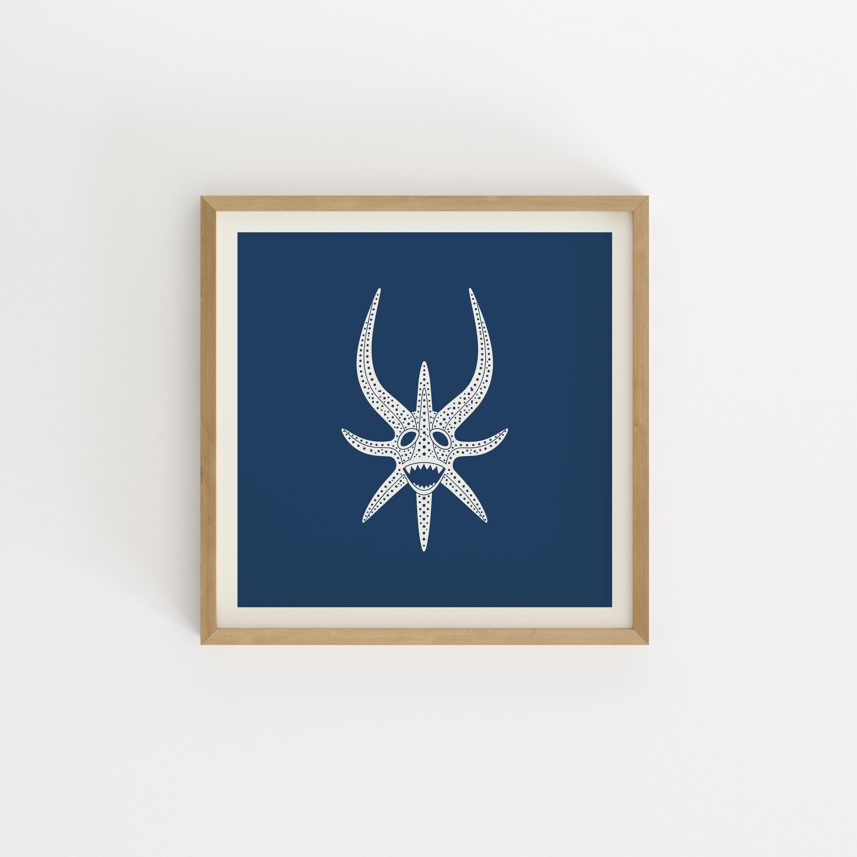 Horned vejigante mask line art print in cream on navy, Puerto Rico