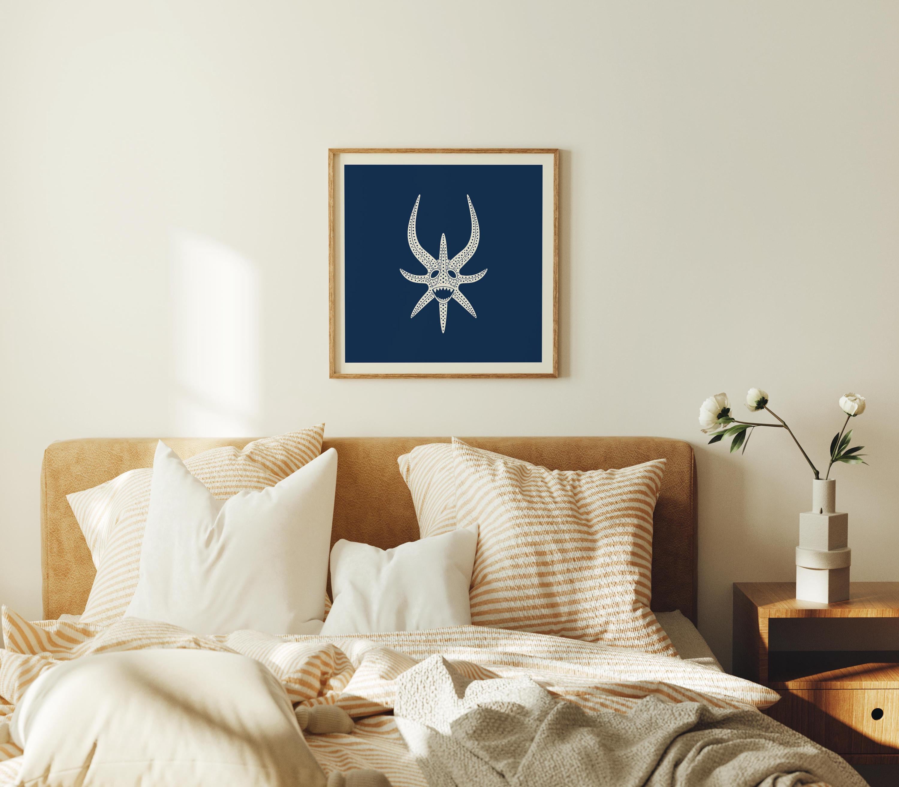 Horned vejigante mask line art print in cream on navy, Puerto Rico