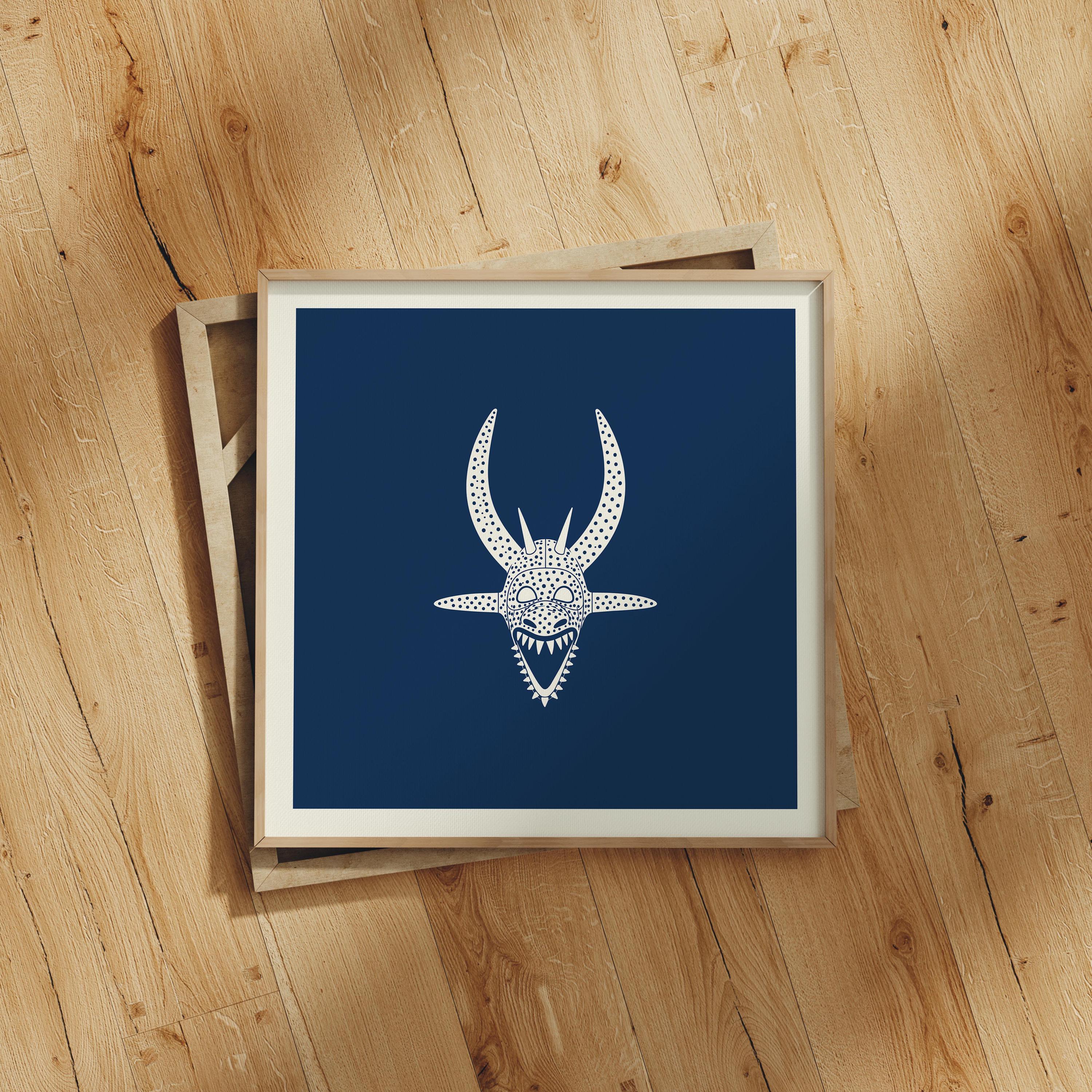 Indigo vejigante mask line art print in cream on navy, Puerto Rico