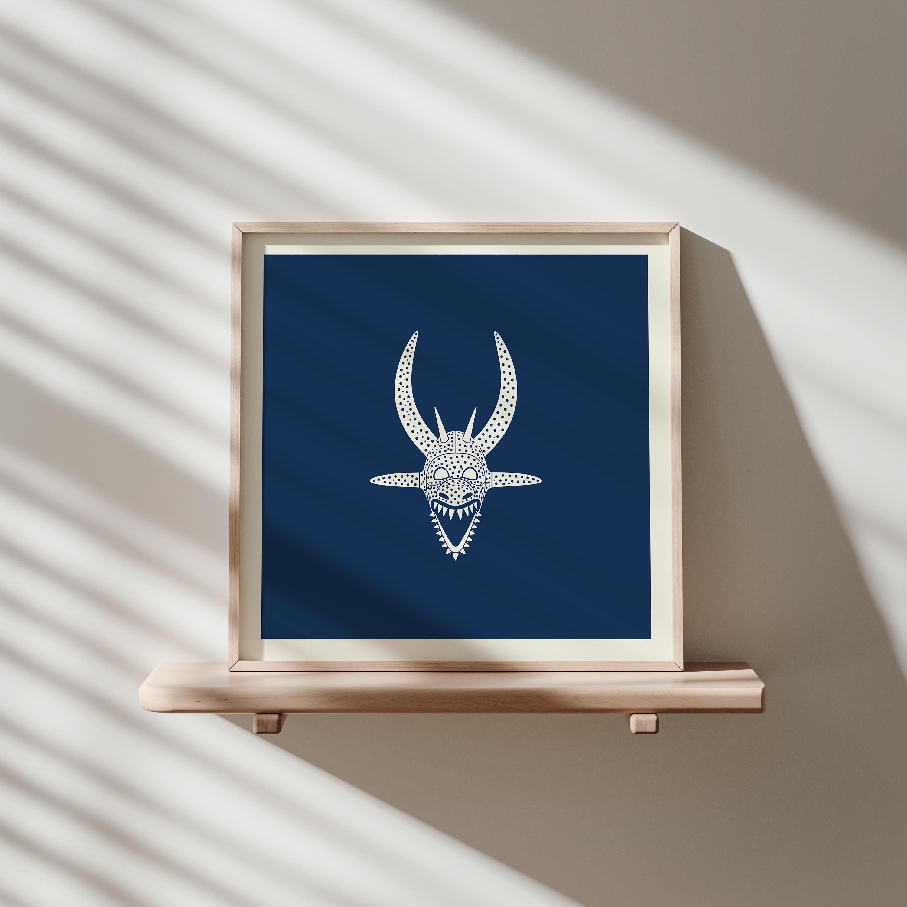 Indigo vejigante mask line art print in cream on navy, Puerto Rico