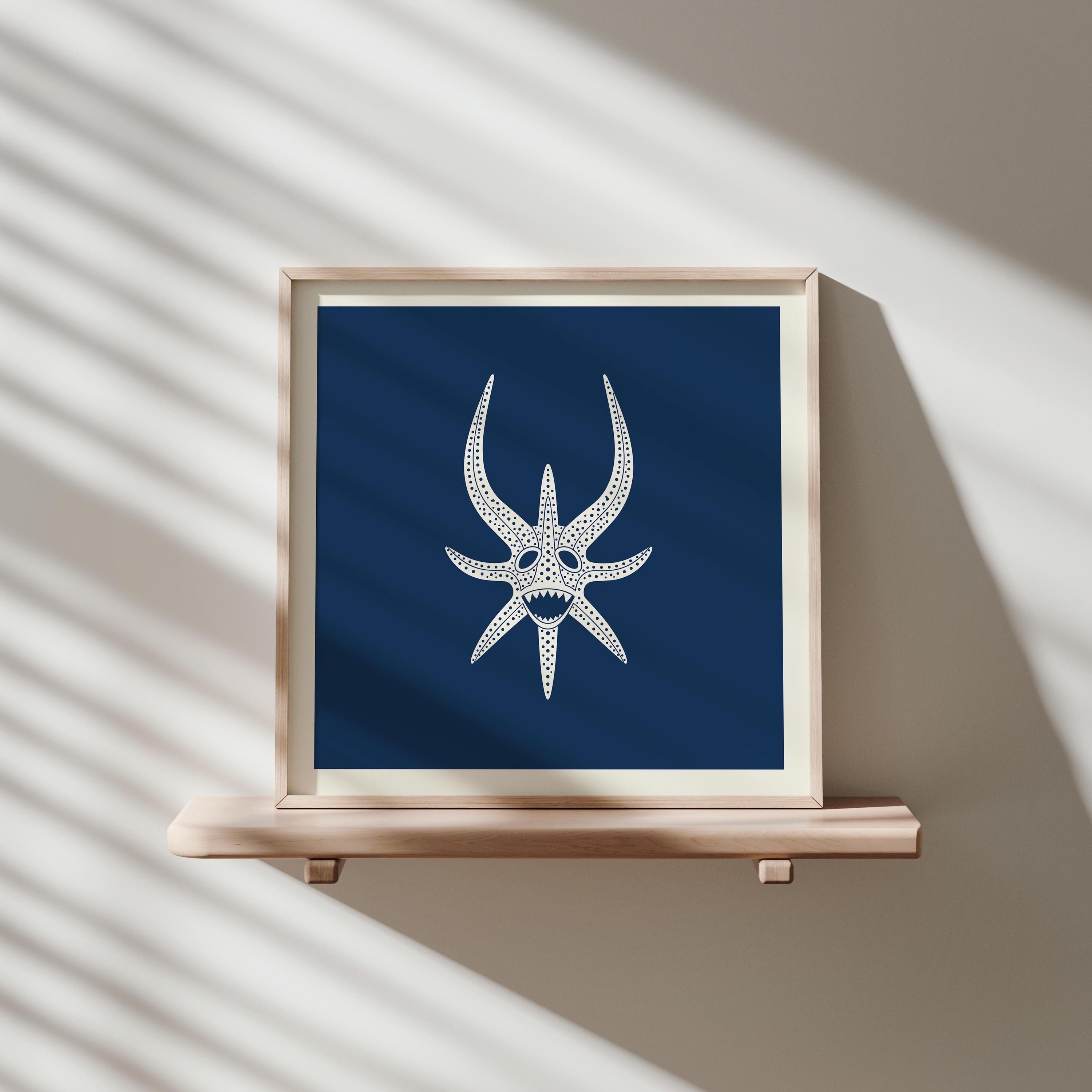 Horned vejigante mask line art print in cream on navy, Puerto Rico