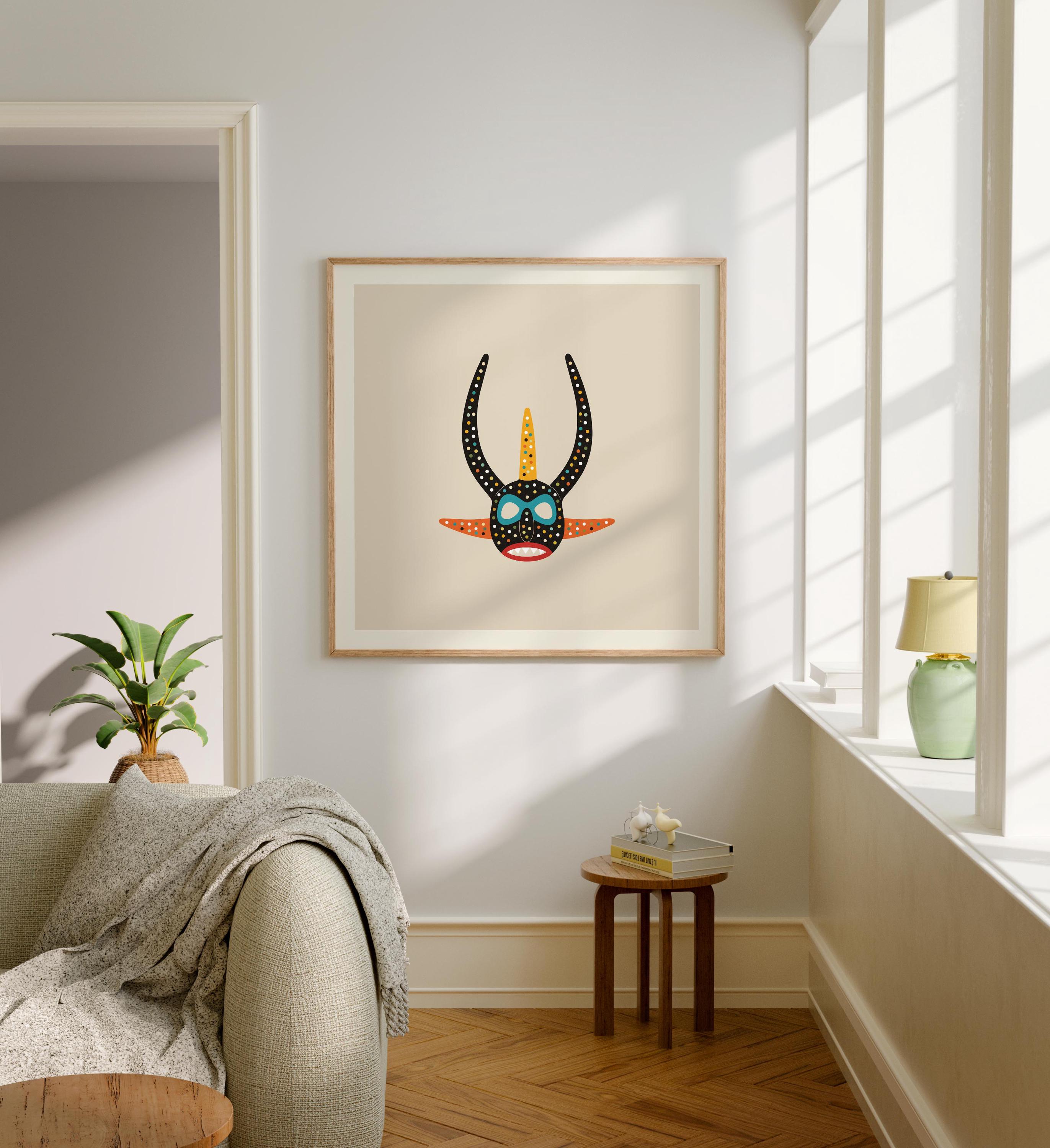 Black and orange vejigante mask art print, Puerto Rico carnival folk art