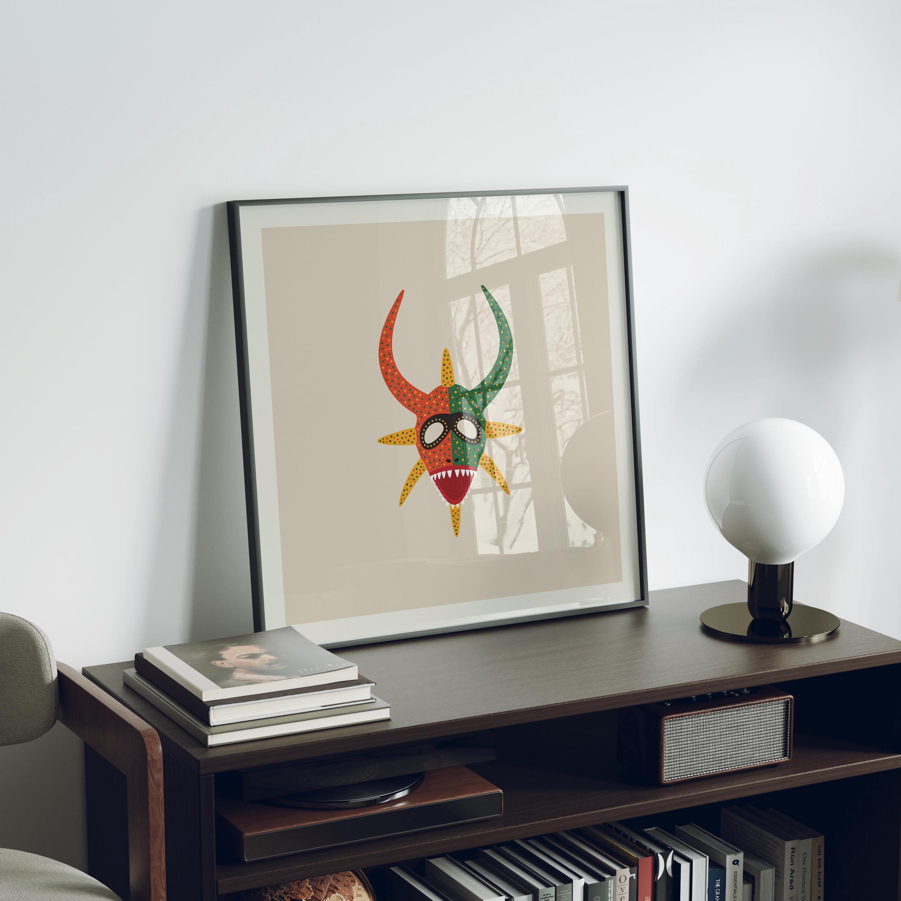 Orange and green vejigante mask art print, Puerto Rico carnival folk art