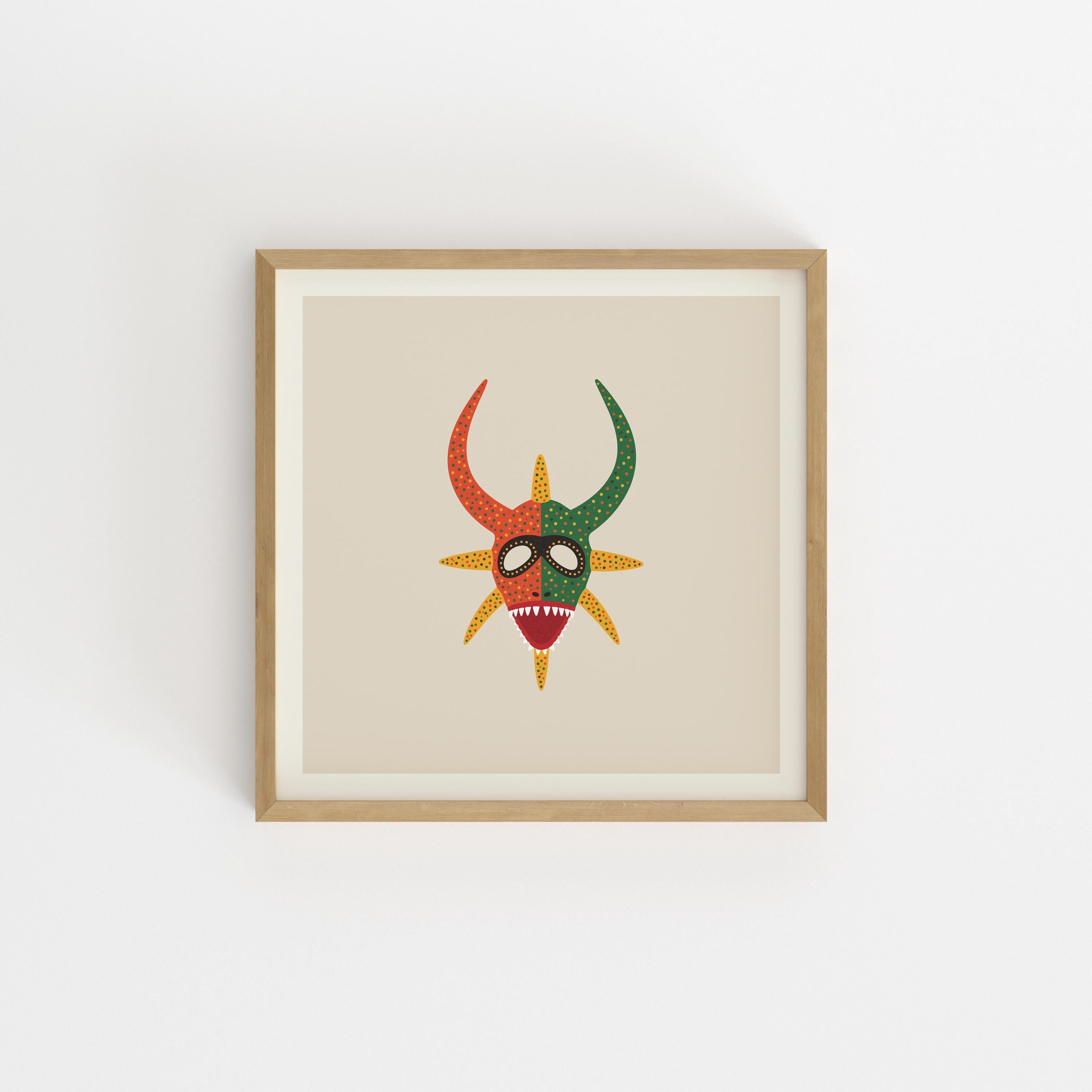 Orange and green vejigante mask art print, Puerto Rico carnival folk art