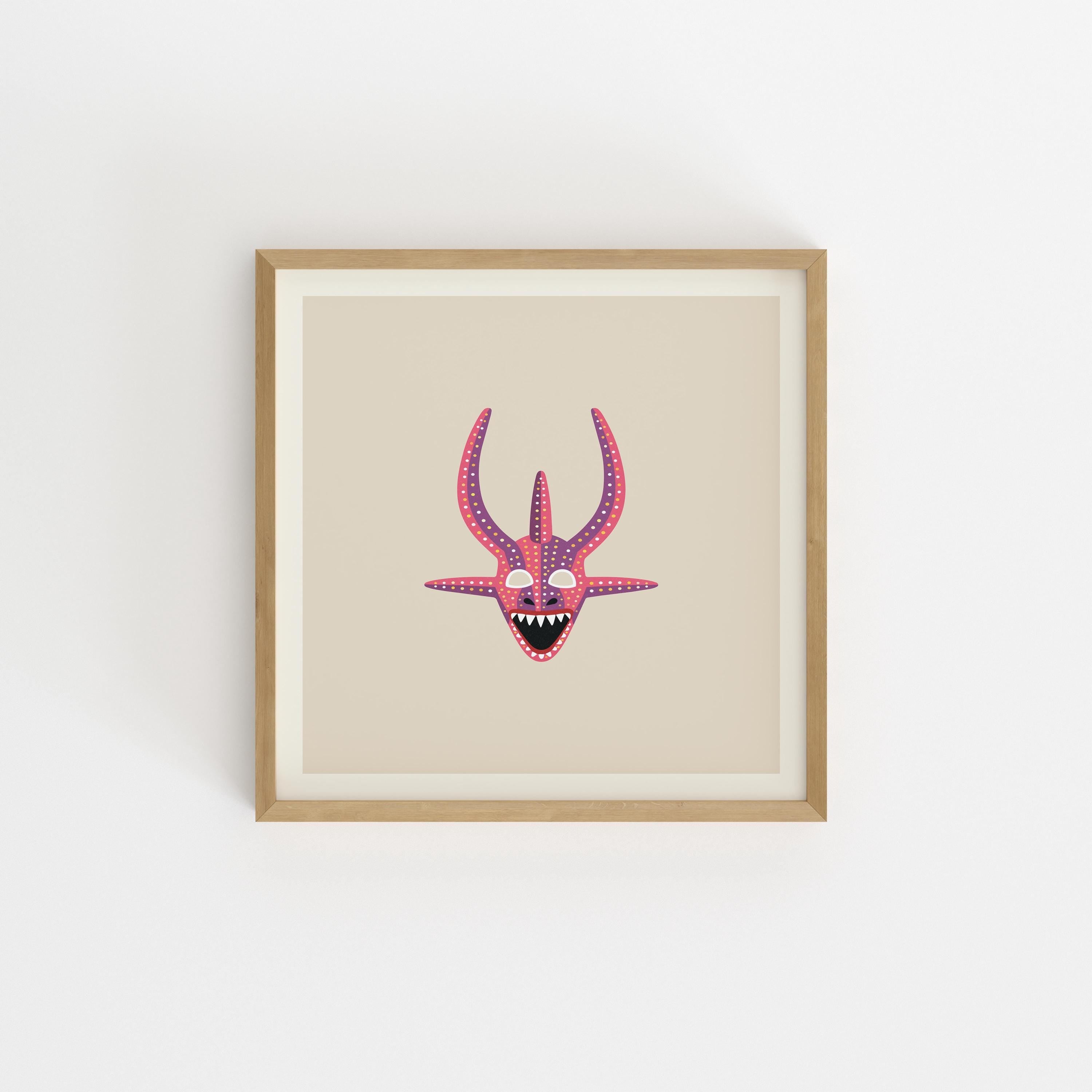 Pink and purple vejigante mask art print, Puerto Rico carnival folk art