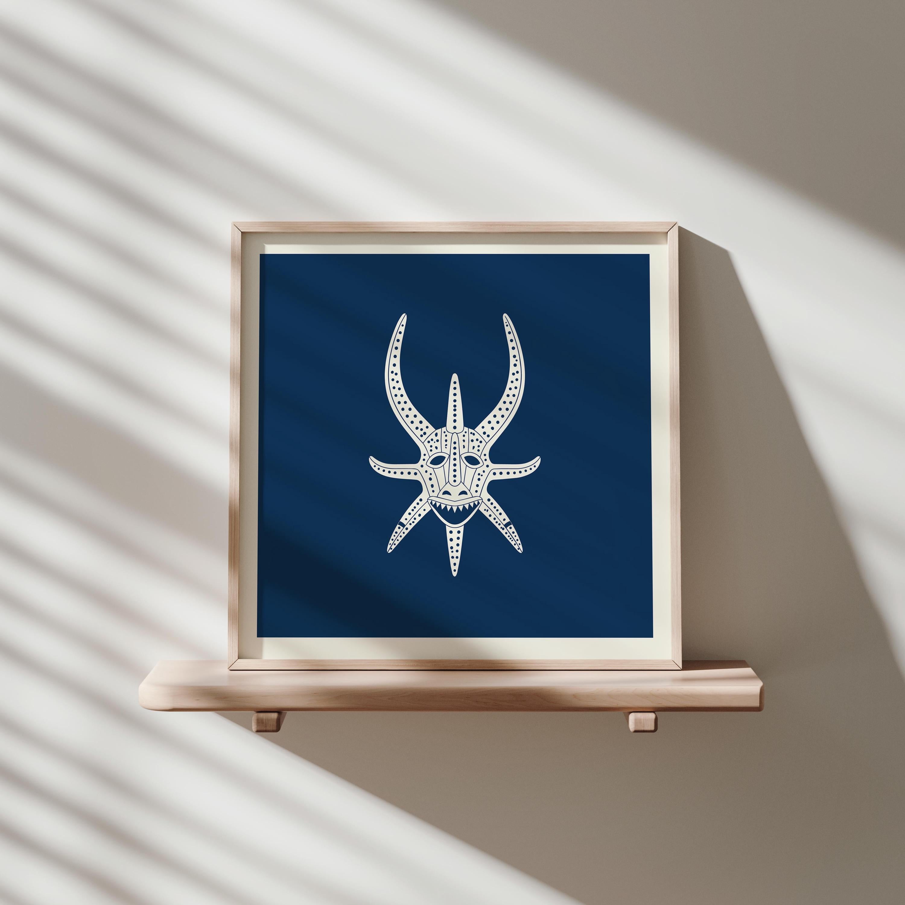 Navy and cream vejigante mask line art print, Puerto Rico