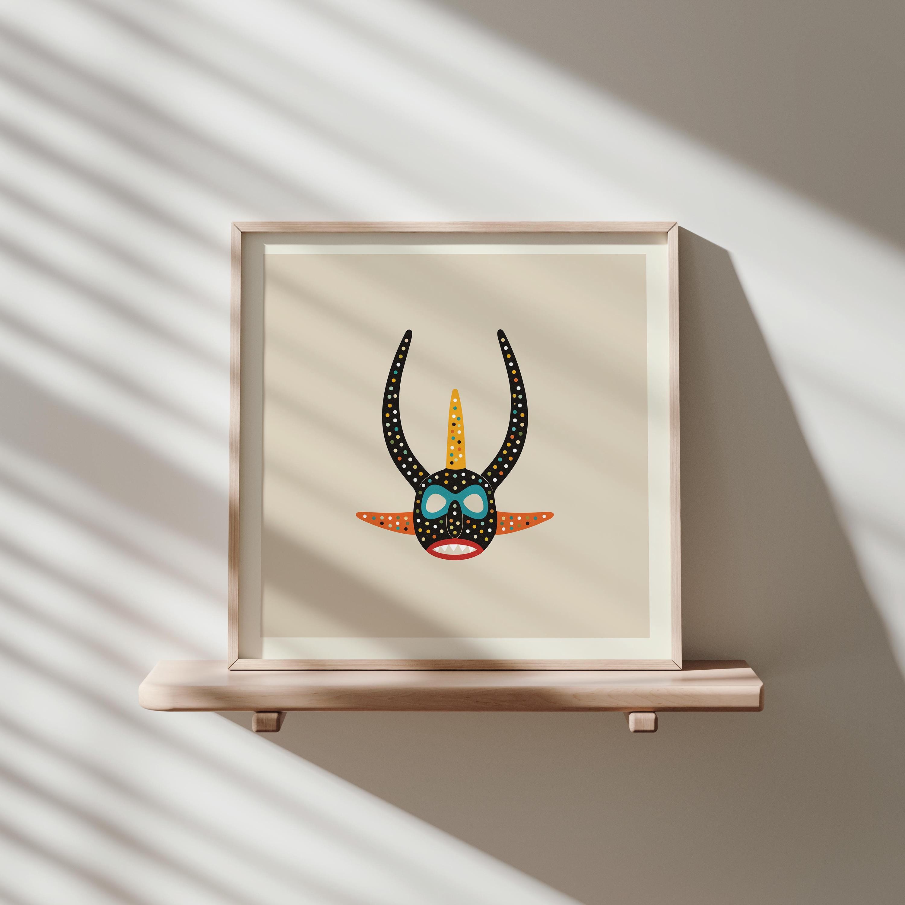 Black and orange vejigante mask art print, Puerto Rico carnival folk art