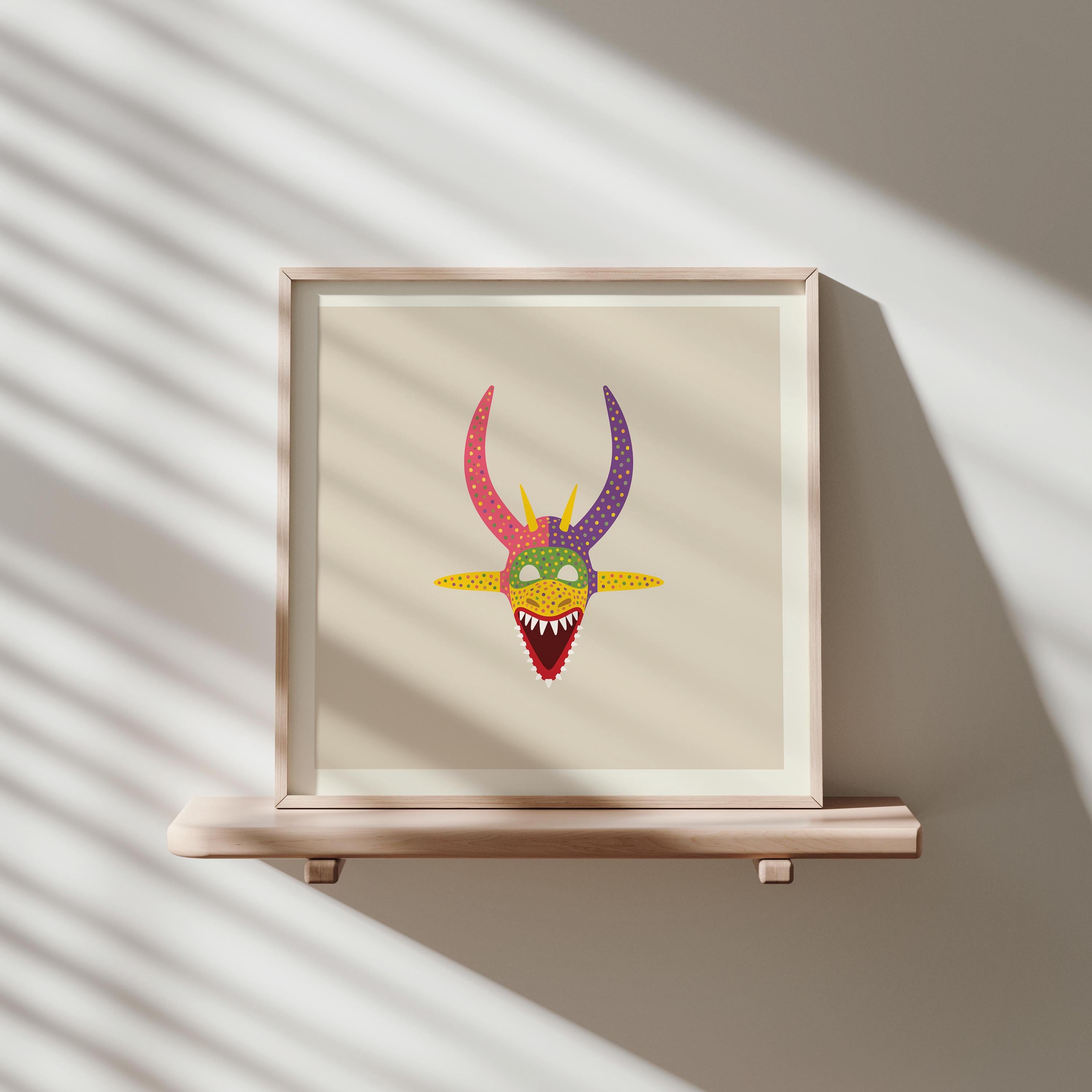 Pink and yellow vejigante mask art print, Puerto Rico carnival folk art
