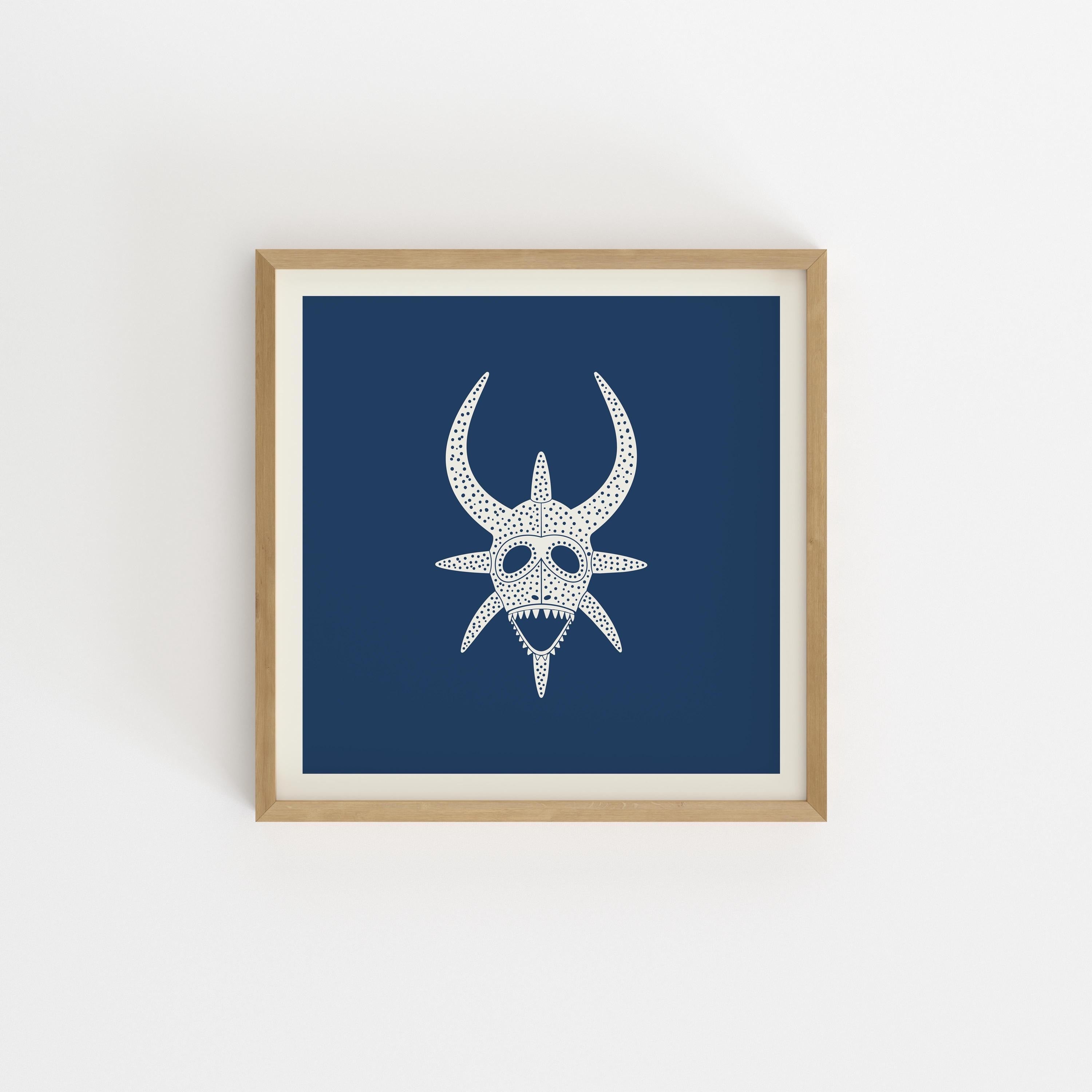 Star vejigante mask line art print in cream on navy, Puerto Rico