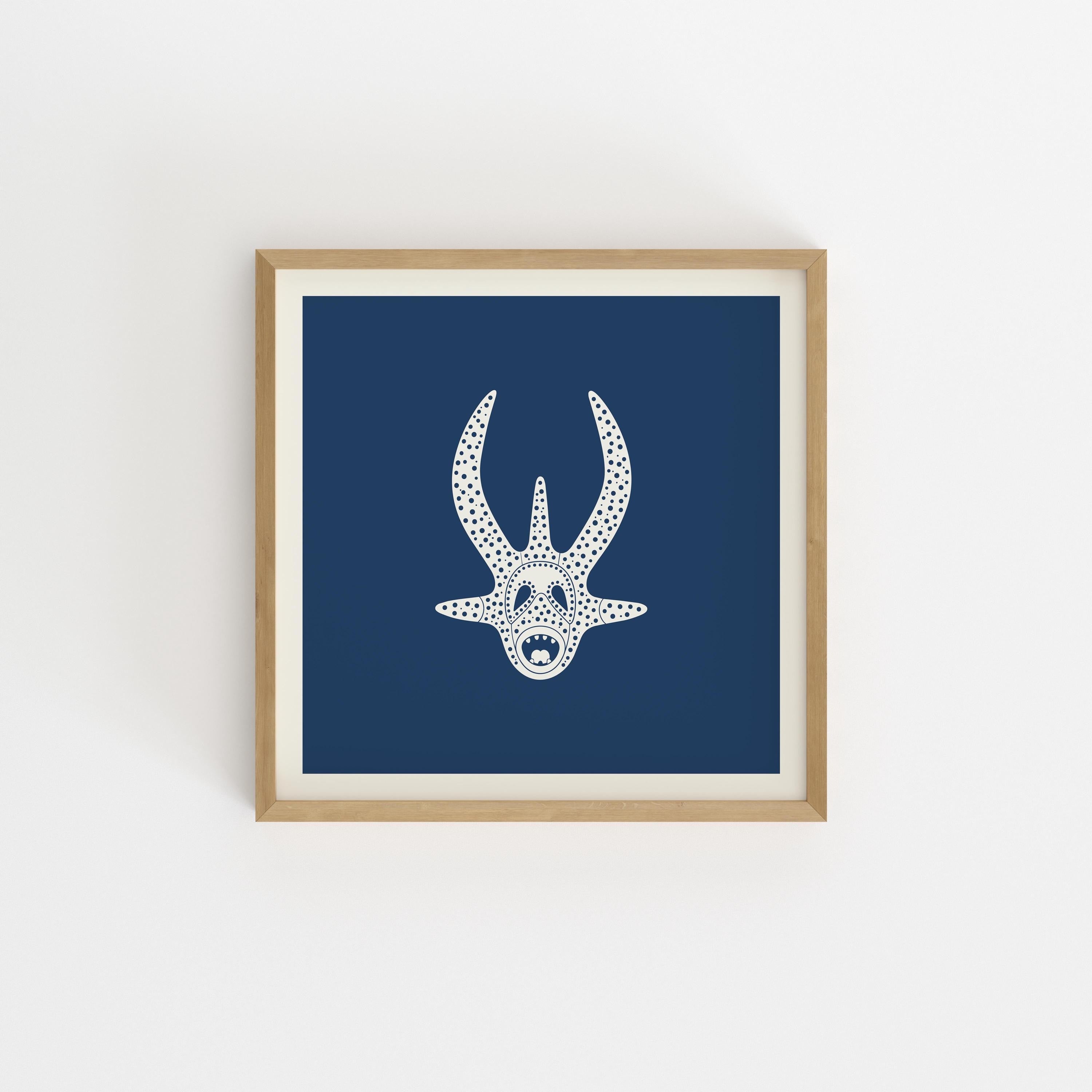 Minimalist vejigante mask line art print in cream on navy, Puerto Rico