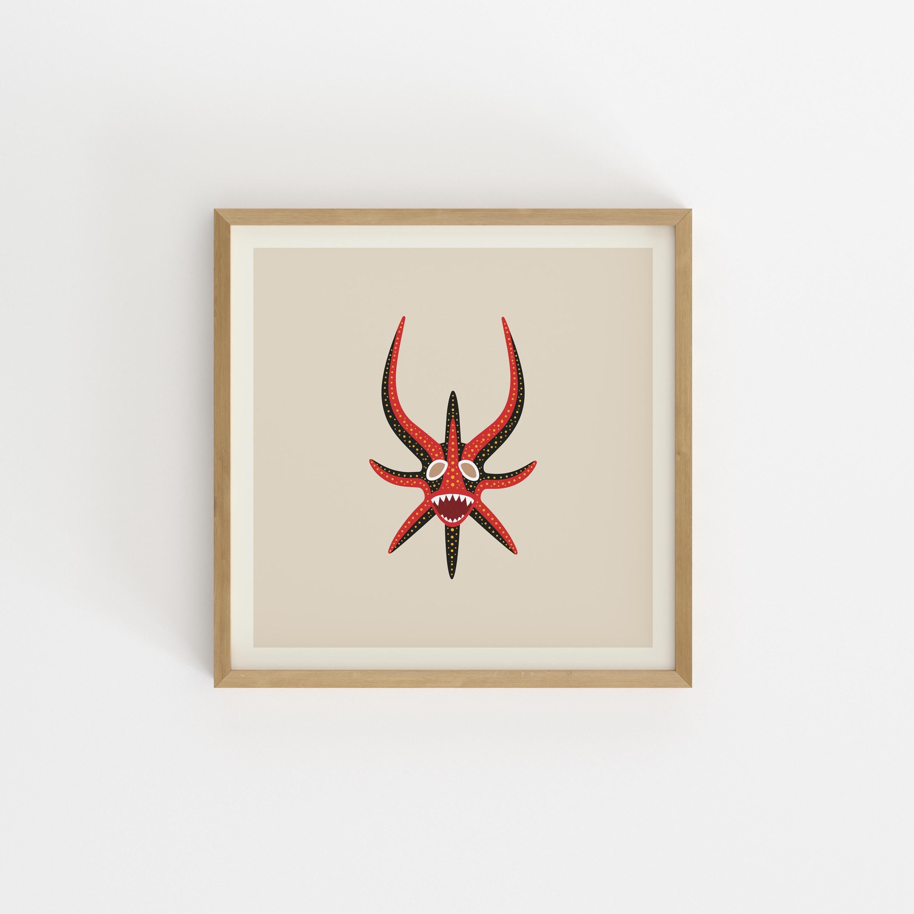 Red and black vejigante mask art print, Puerto Rico carnival folk art