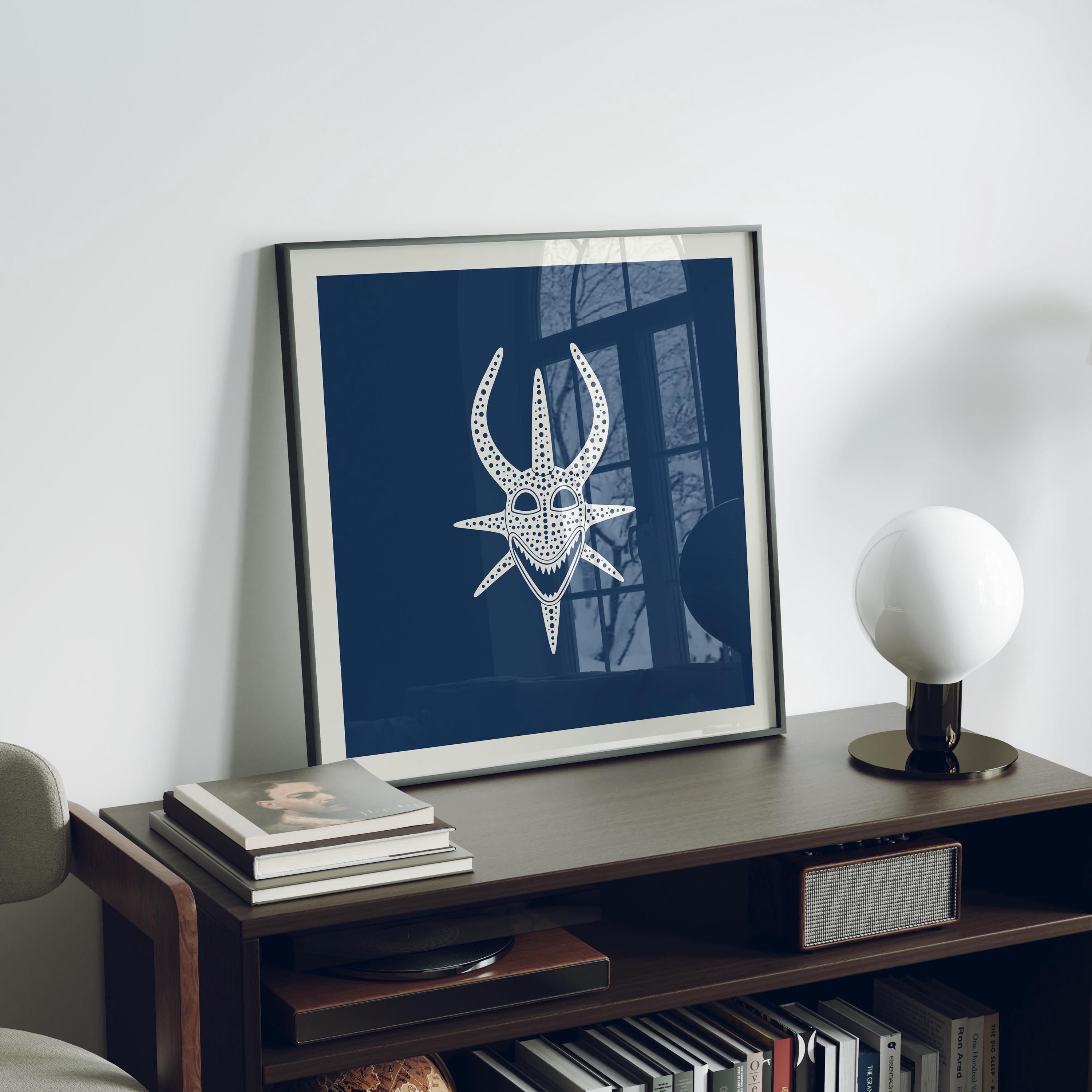 Smiling vejigante mask line art print in cream on navy, Puerto Rico