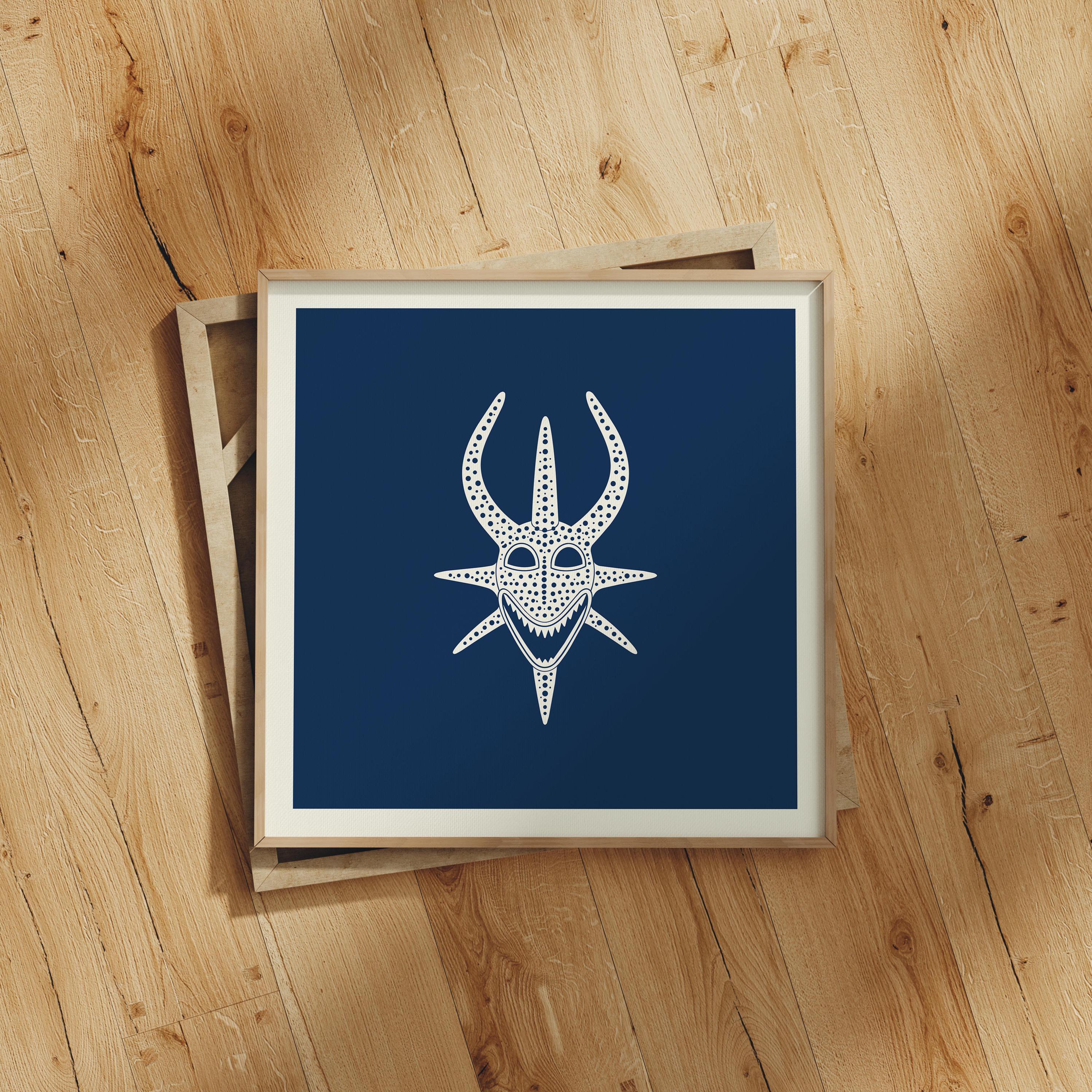 Smiling vejigante mask line art print in cream on navy, Puerto Rico