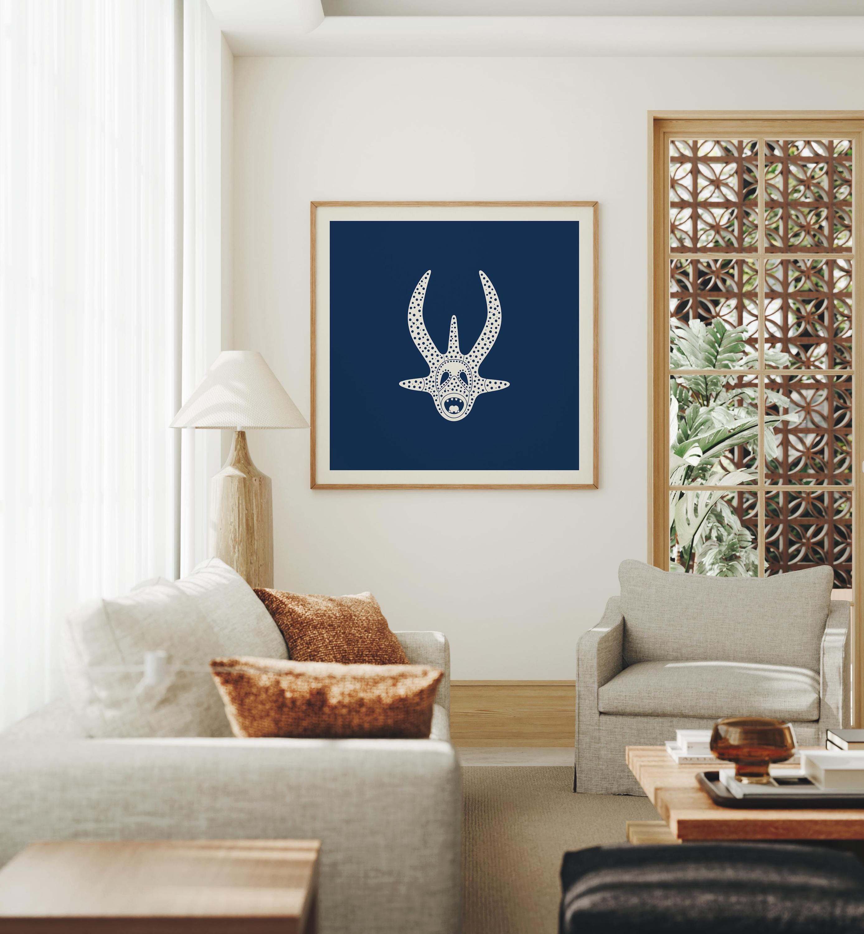 Minimalist vejigante mask line art print in cream on navy, Puerto Rico