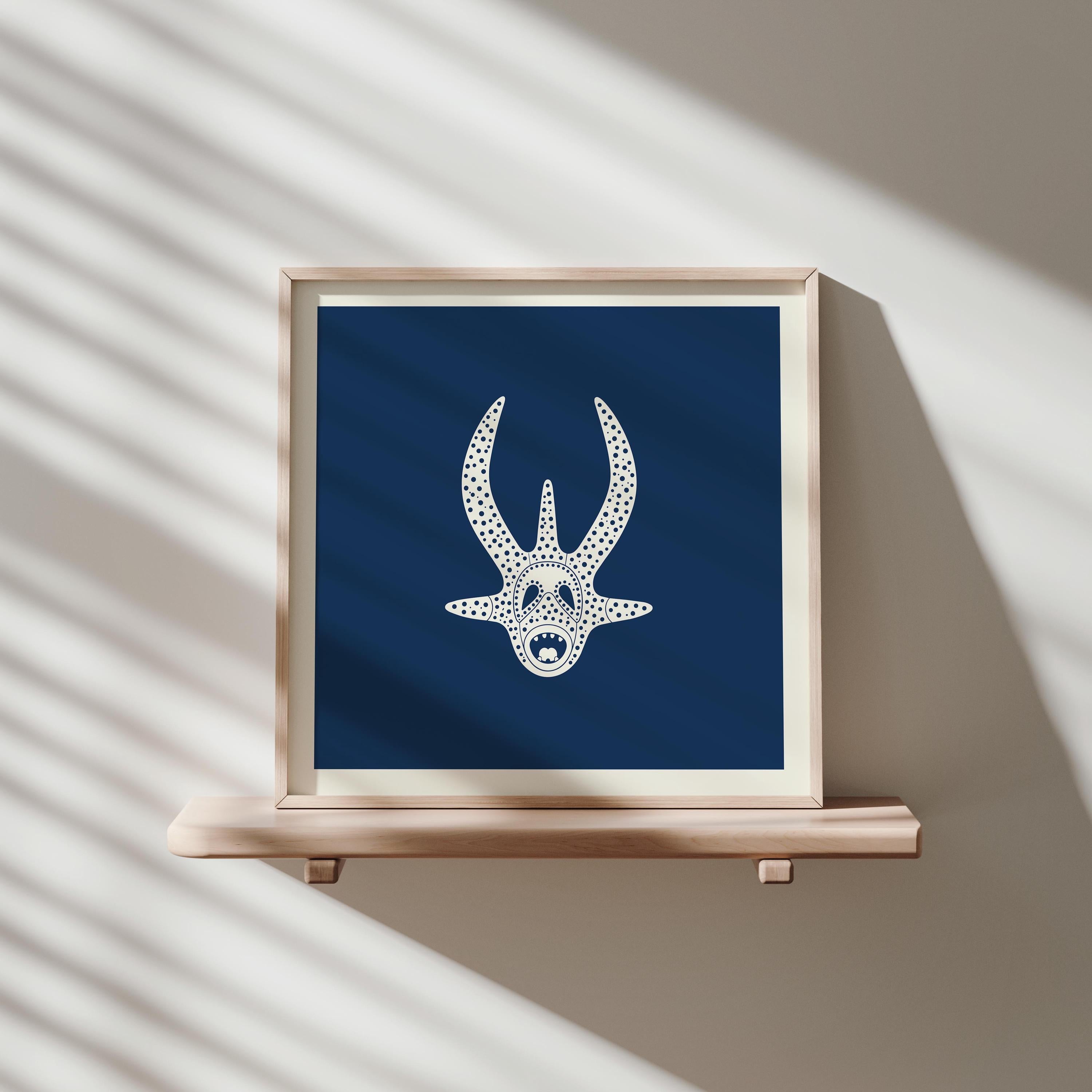 Minimalist vejigante mask line art print in cream on navy, Puerto Rico