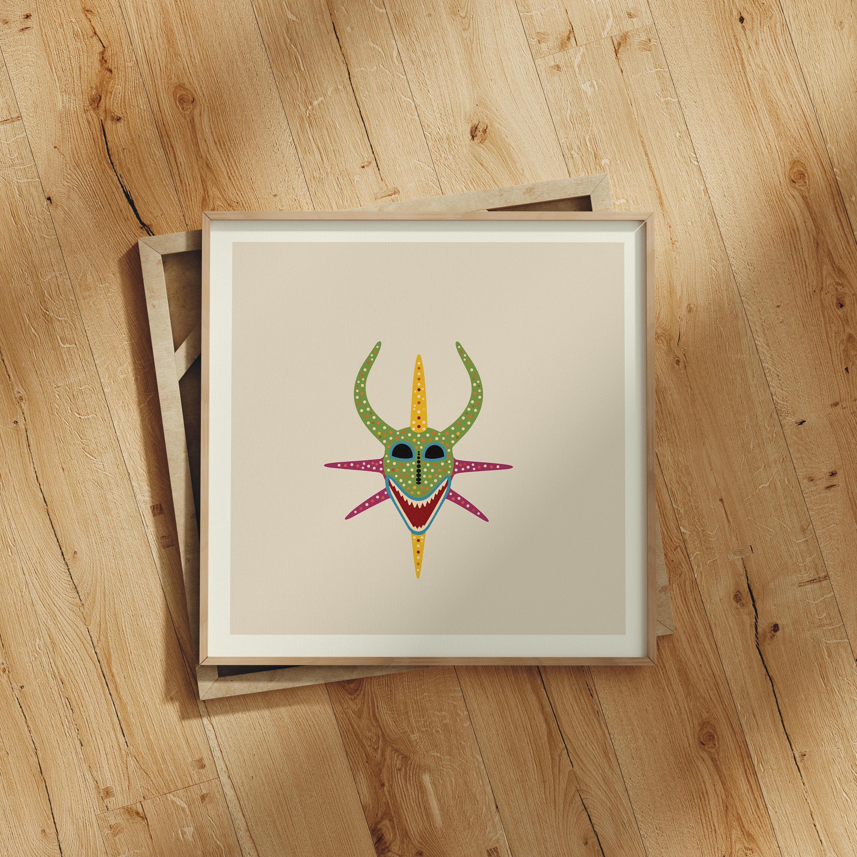 Green and magenta vejigante mask art print, Puerto Rico carnival folk art