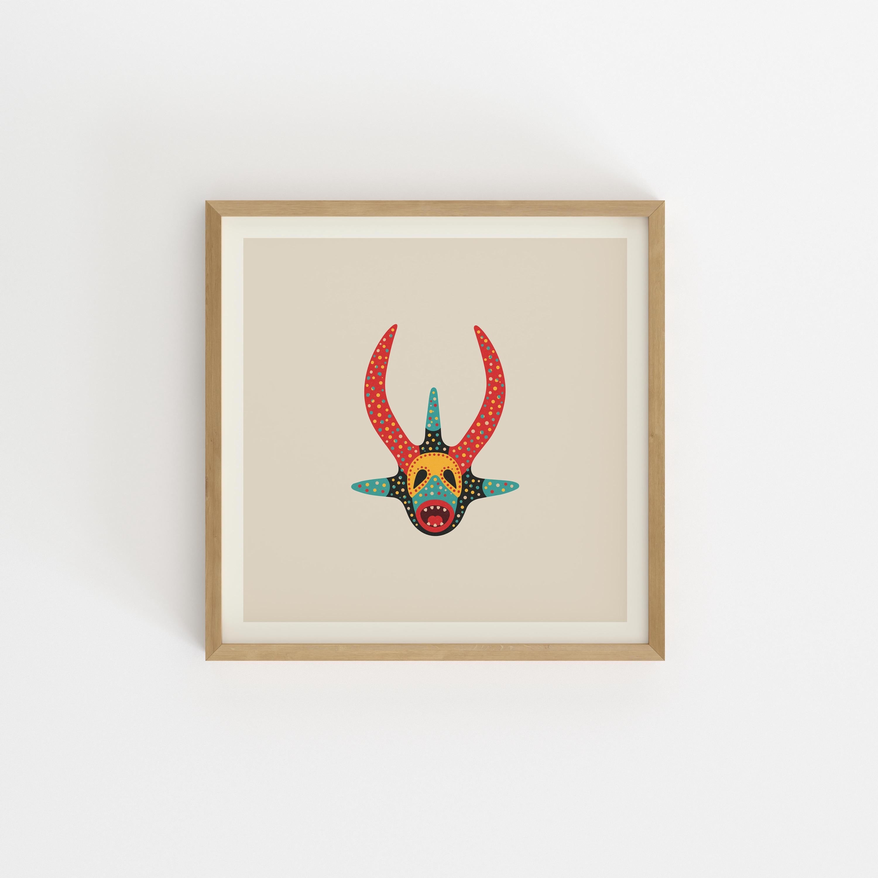 Red and teal vejigante mask art print, Puerto Rico carnival folk art