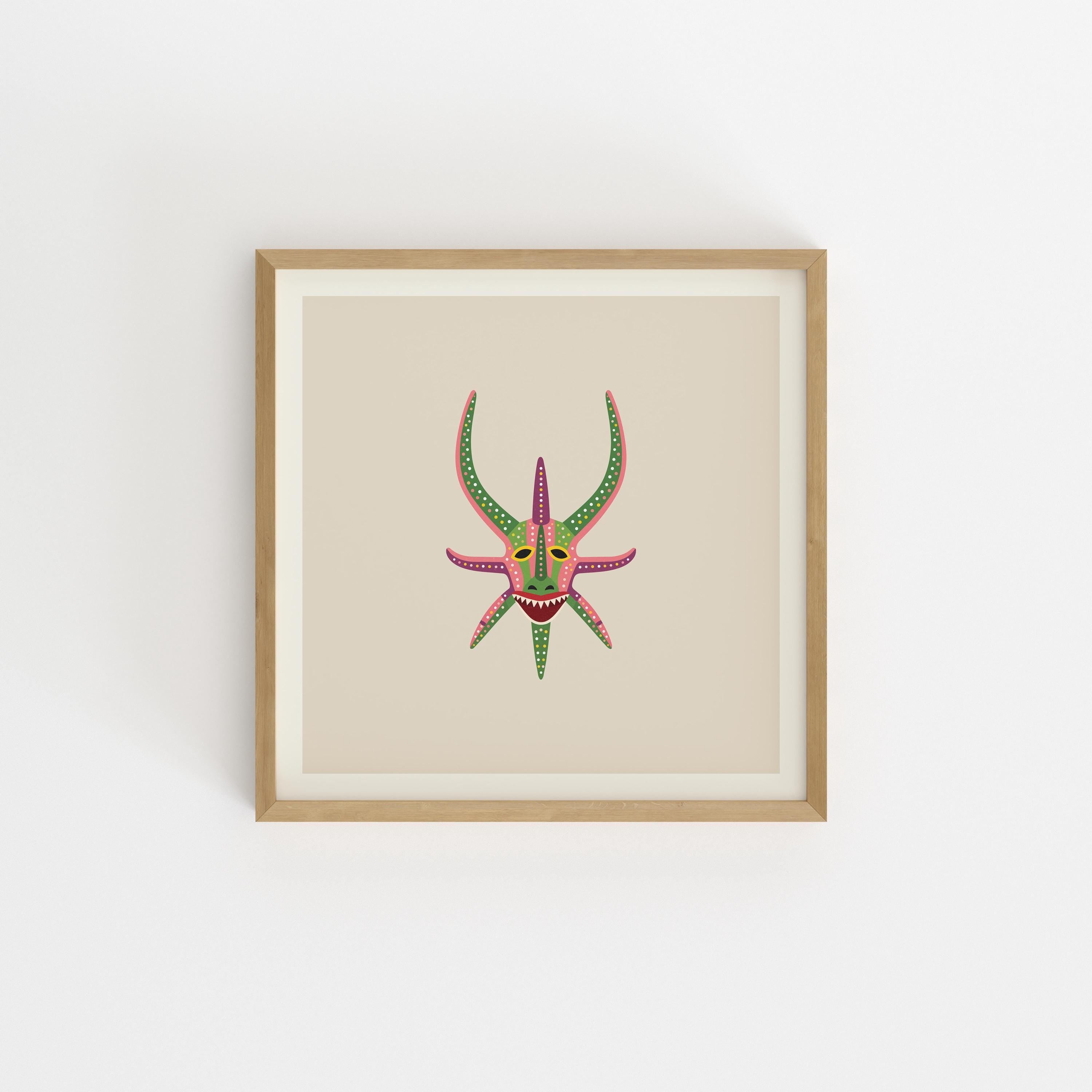 Green and pink vejigante mask art print, Puerto Rico carnival folk art