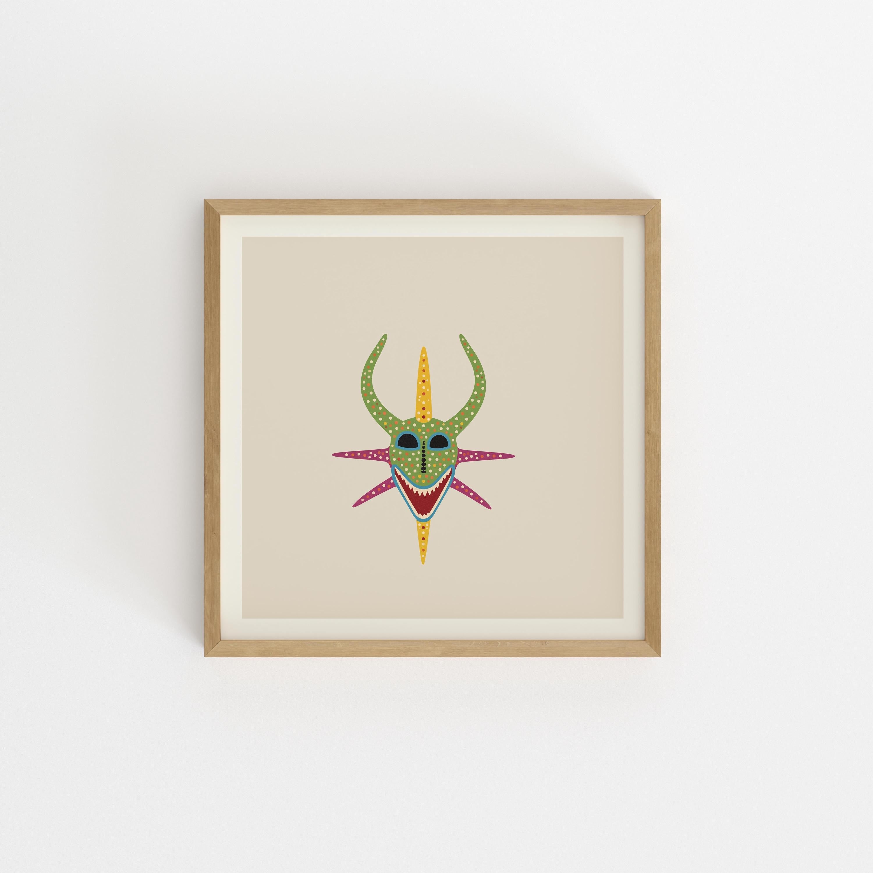 Green and magenta vejigante mask art print, Puerto Rico carnival folk art