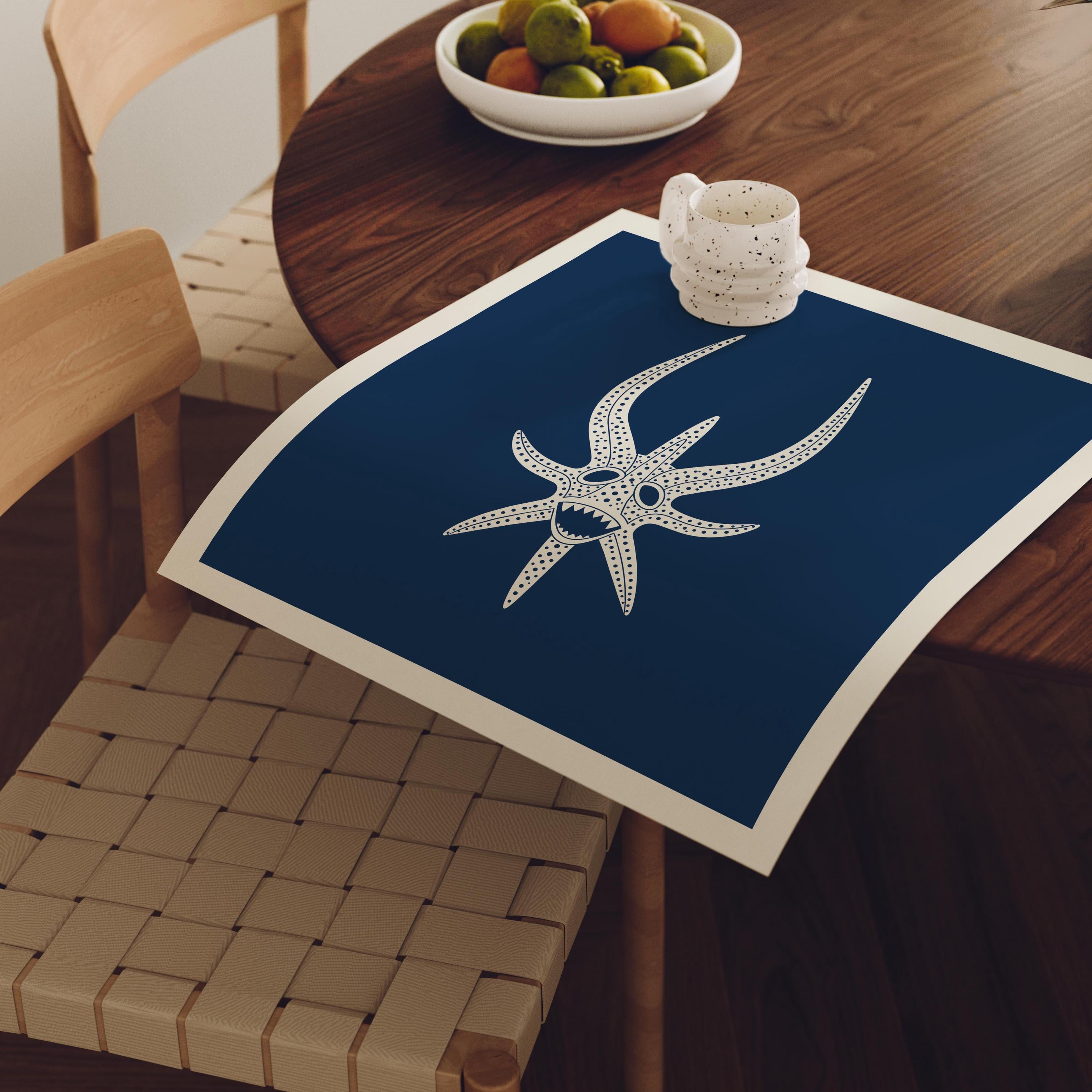 Horned vejigante mask line art print in cream on navy, Puerto Rico