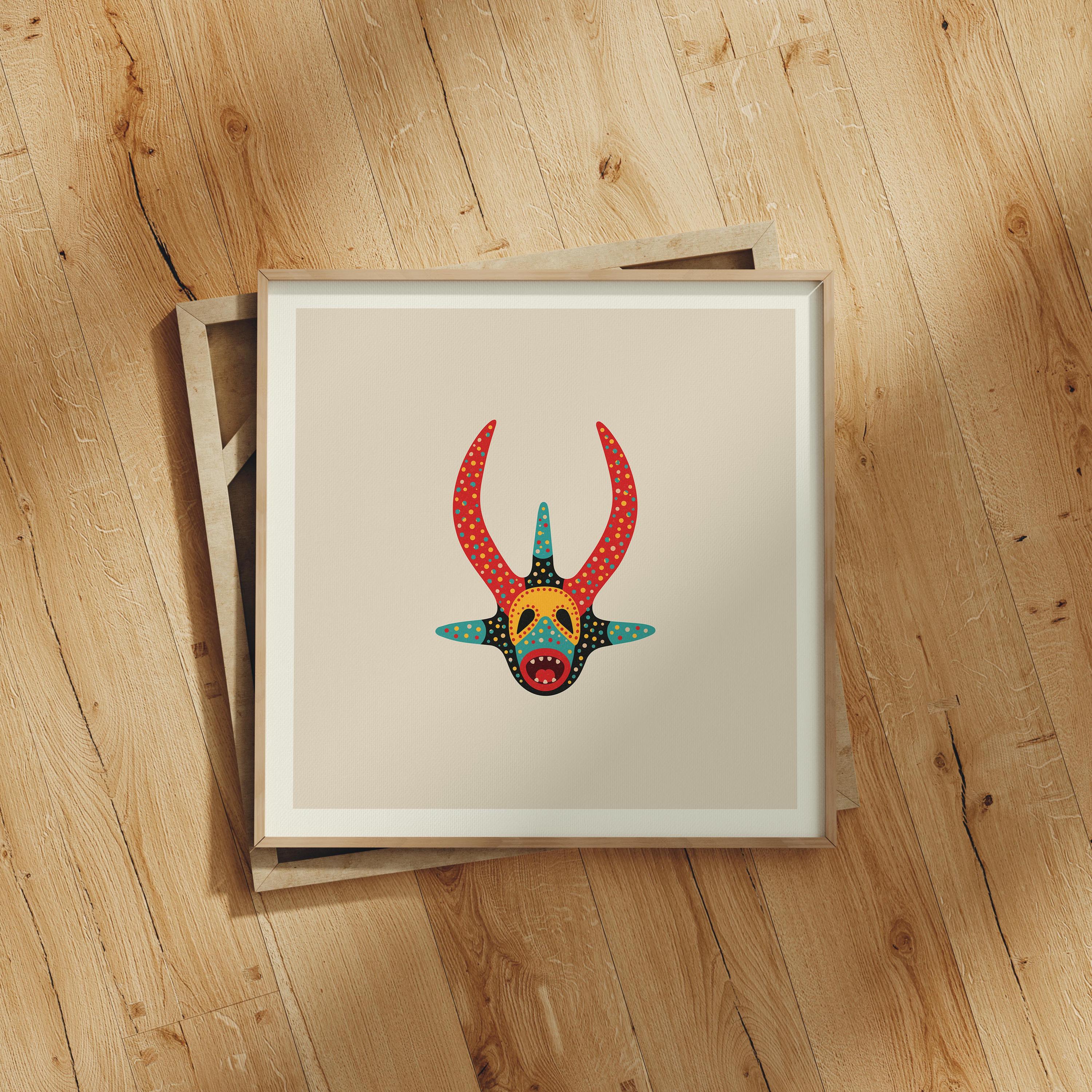 Red and teal vejigante mask art print, Puerto Rico carnival folk art