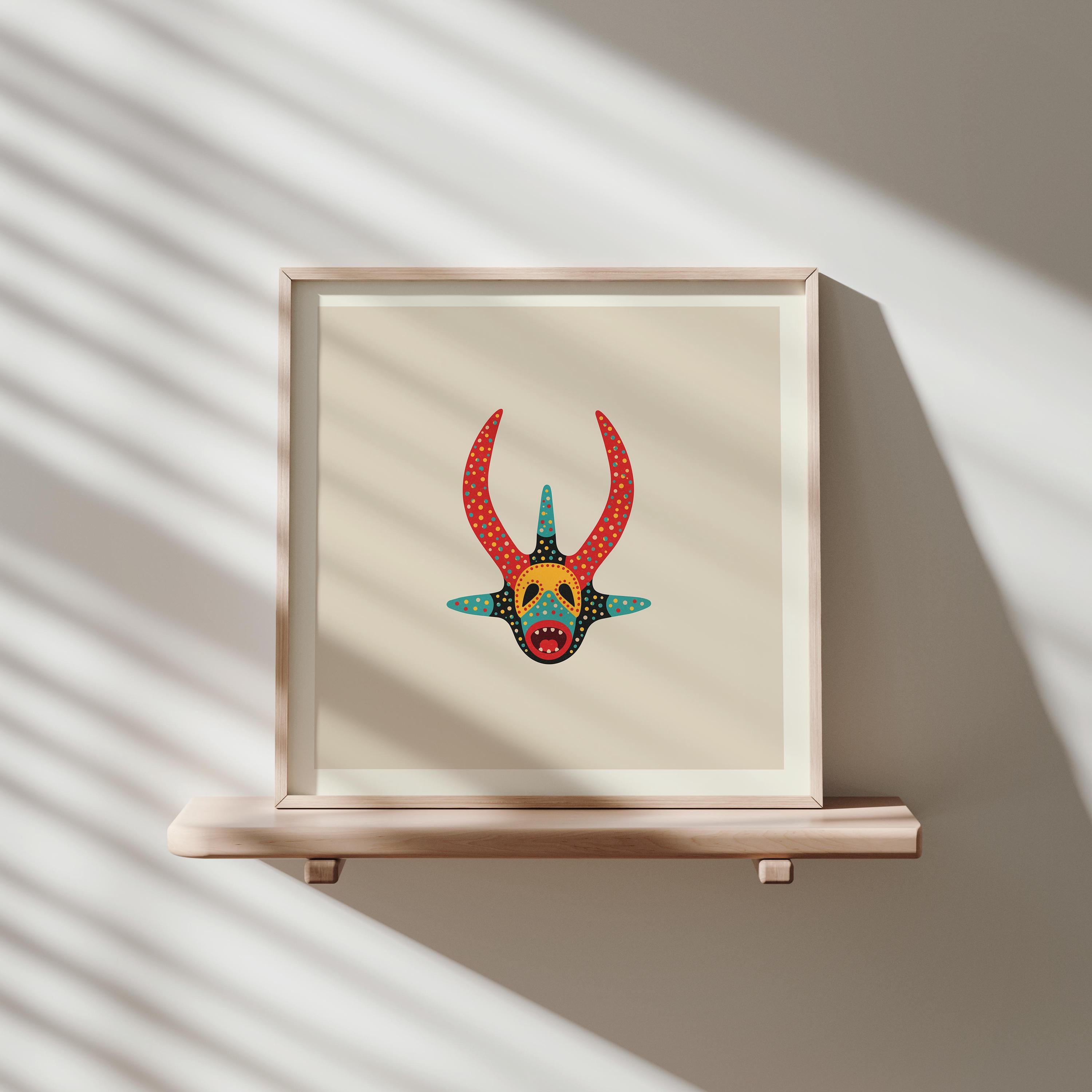 Red and teal vejigante mask art print, Puerto Rico carnival folk art