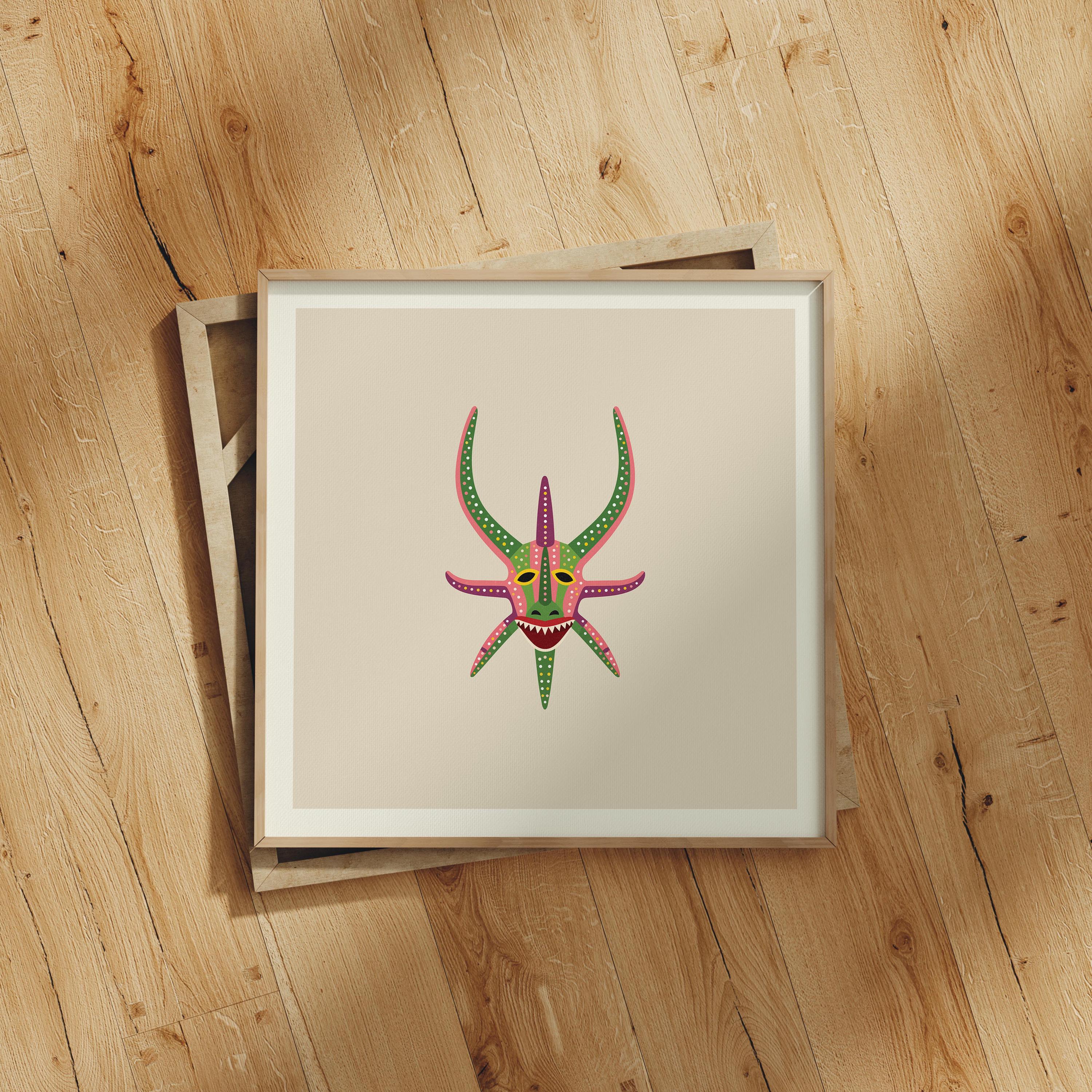 Green and pink vejigante mask art print, Puerto Rico carnival folk art