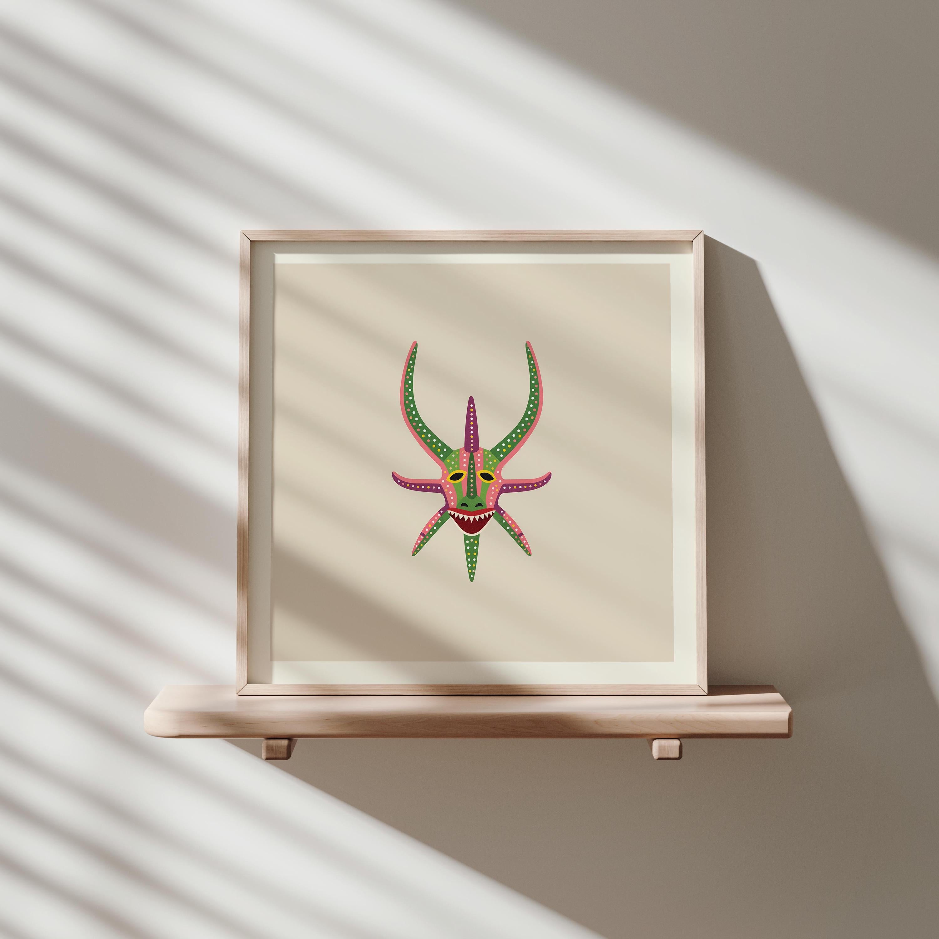 Green and pink vejigante mask art print, Puerto Rico carnival folk art