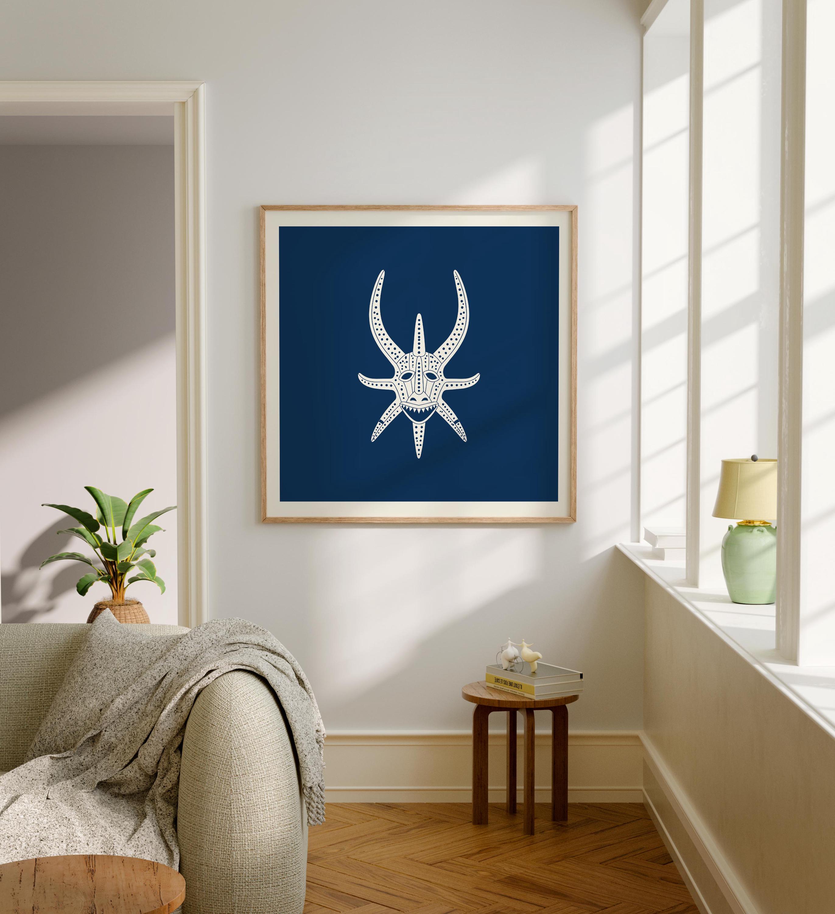 Navy and cream vejigante mask line art print, Puerto Rico