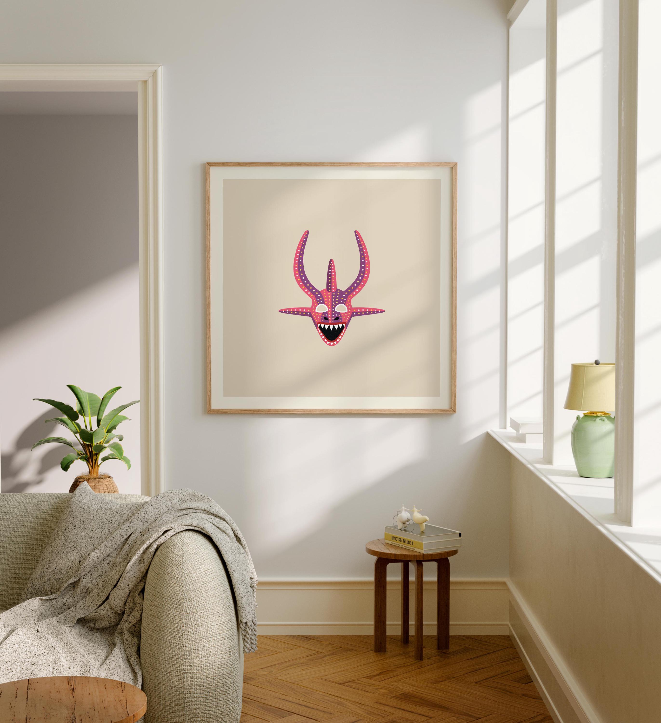 Pink and purple vejigante mask art print, Puerto Rico carnival folk art