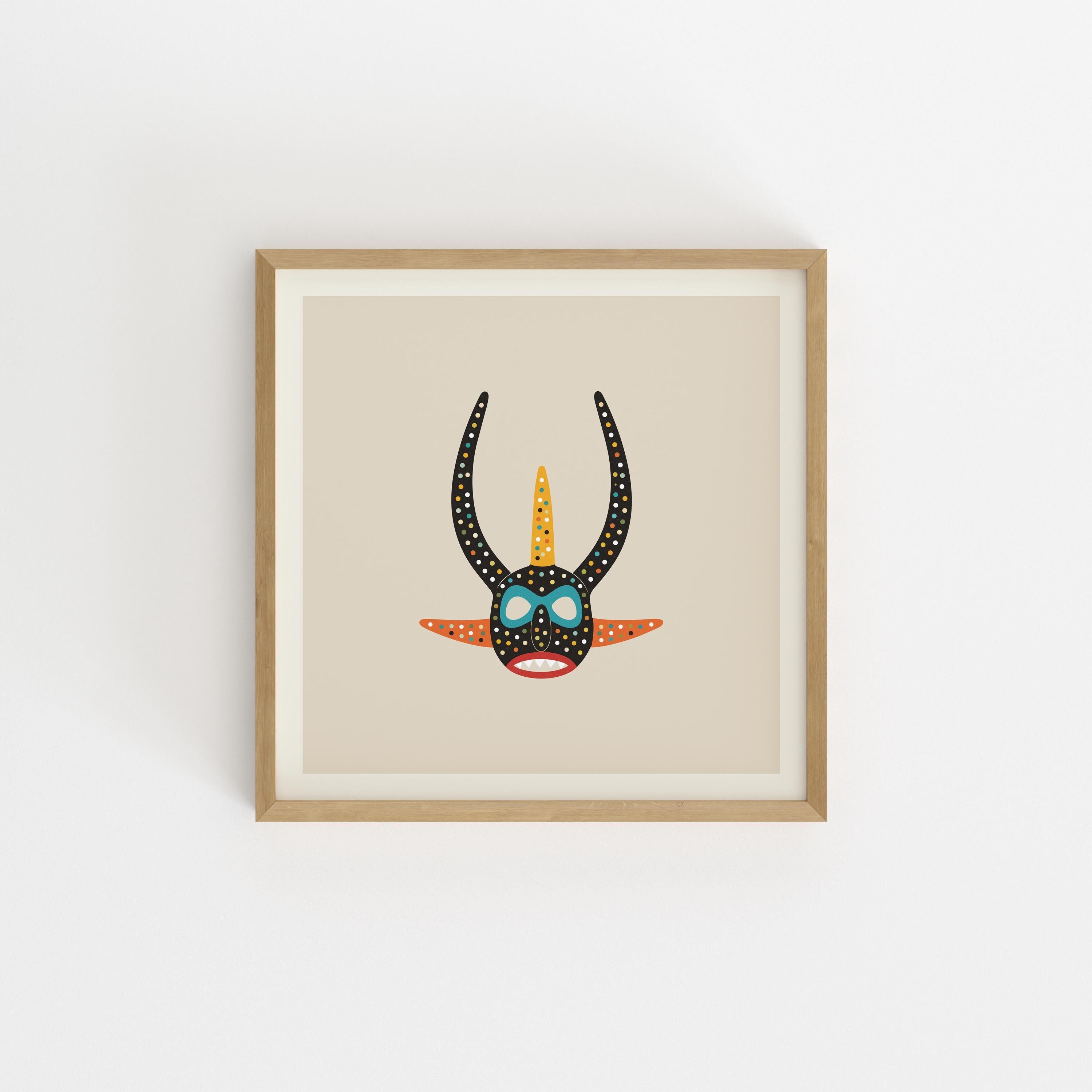 Black and orange vejigante mask art print, Puerto Rico carnival folk art