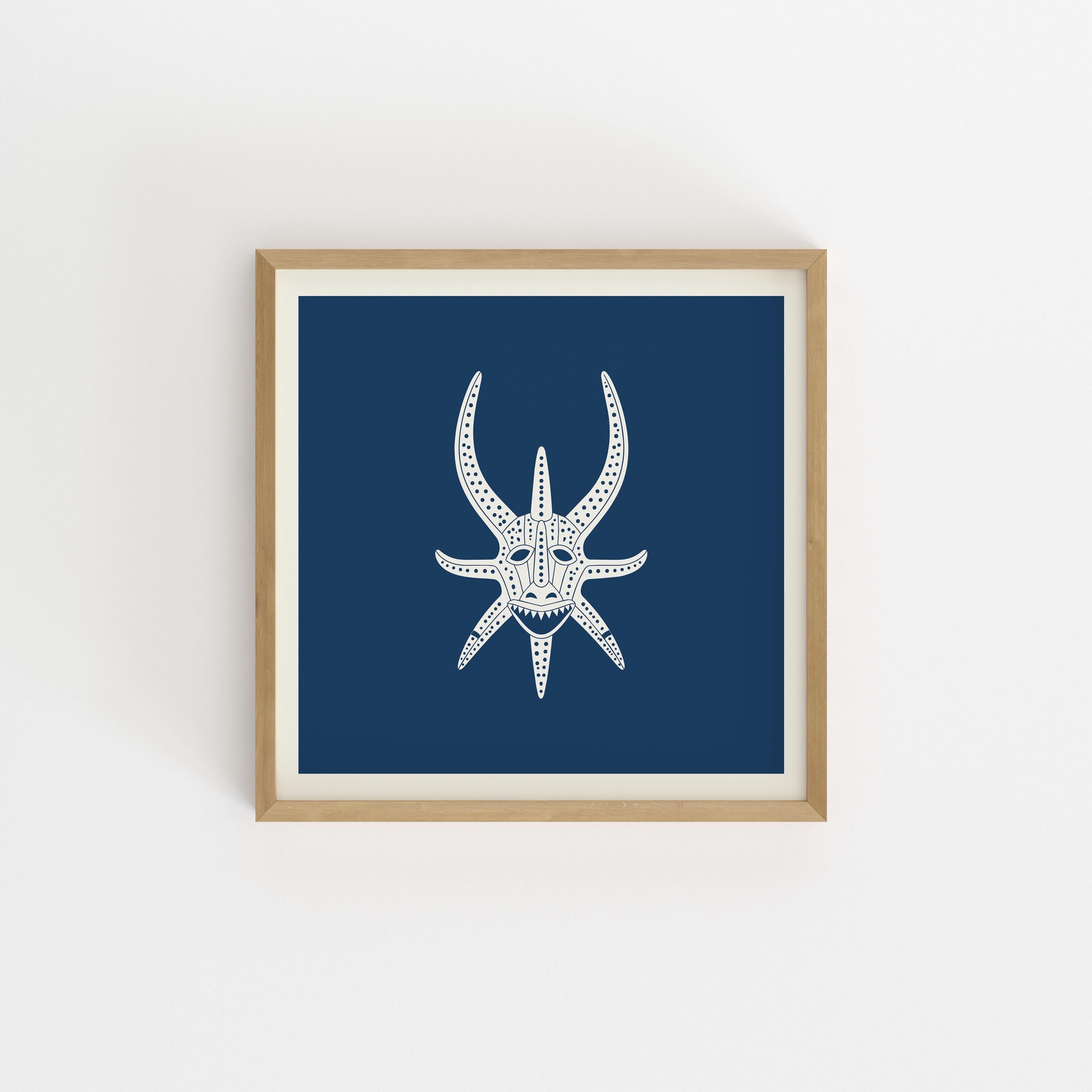 Navy and cream vejigante mask line art print, Puerto Rico