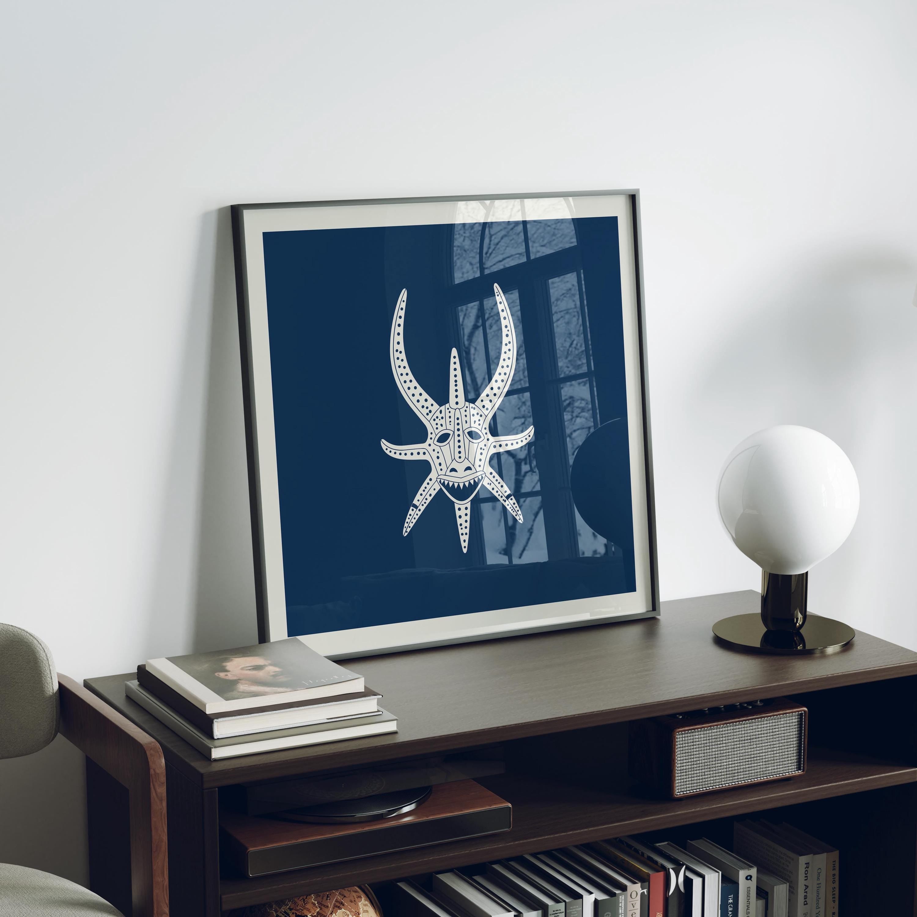 Navy and cream vejigante mask line art print, Puerto Rico